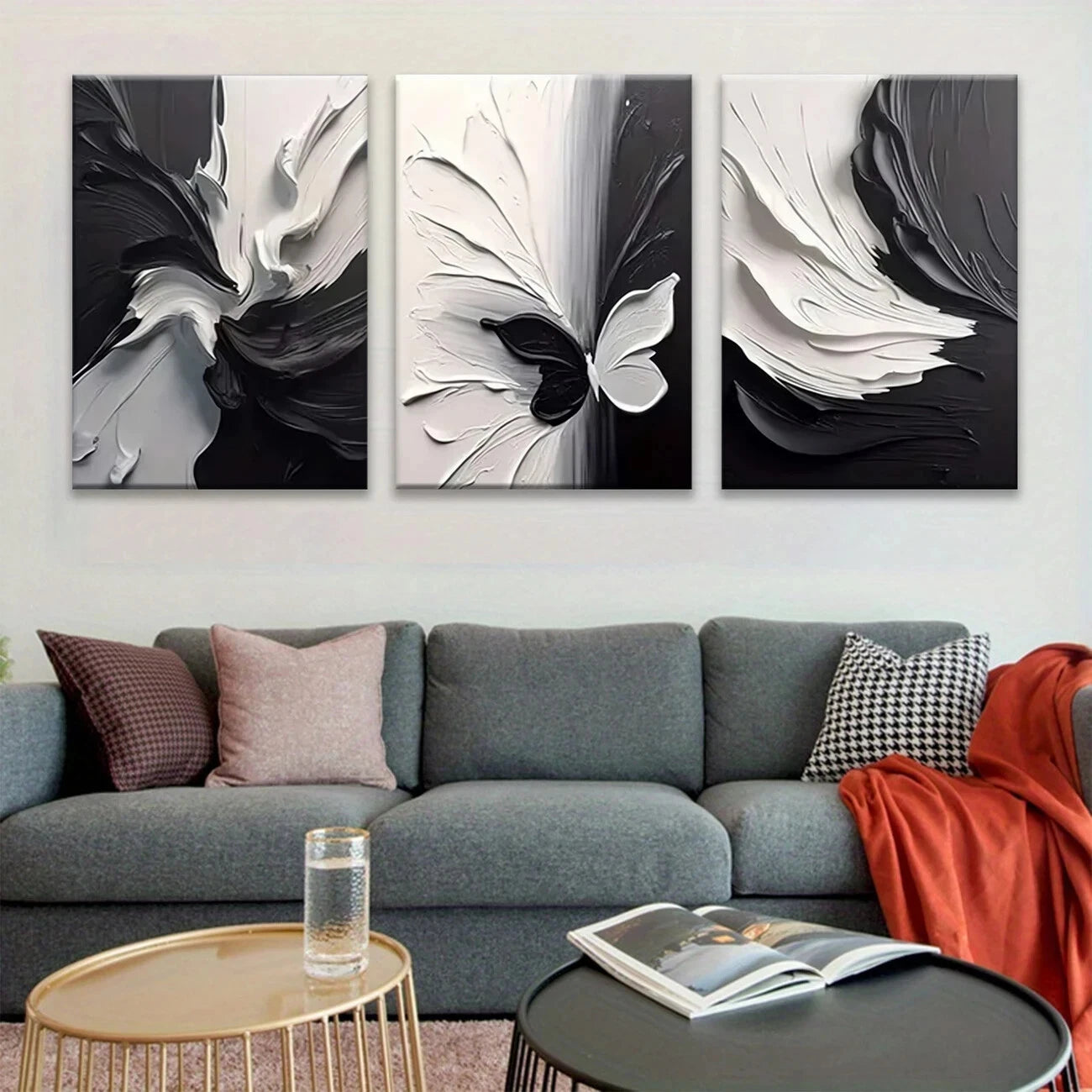 3-Piece Abstract Black and White Butterfly Metal Wall Art - Ready to Hang Modern Home Decor for Living Room, Bedroom & Office
