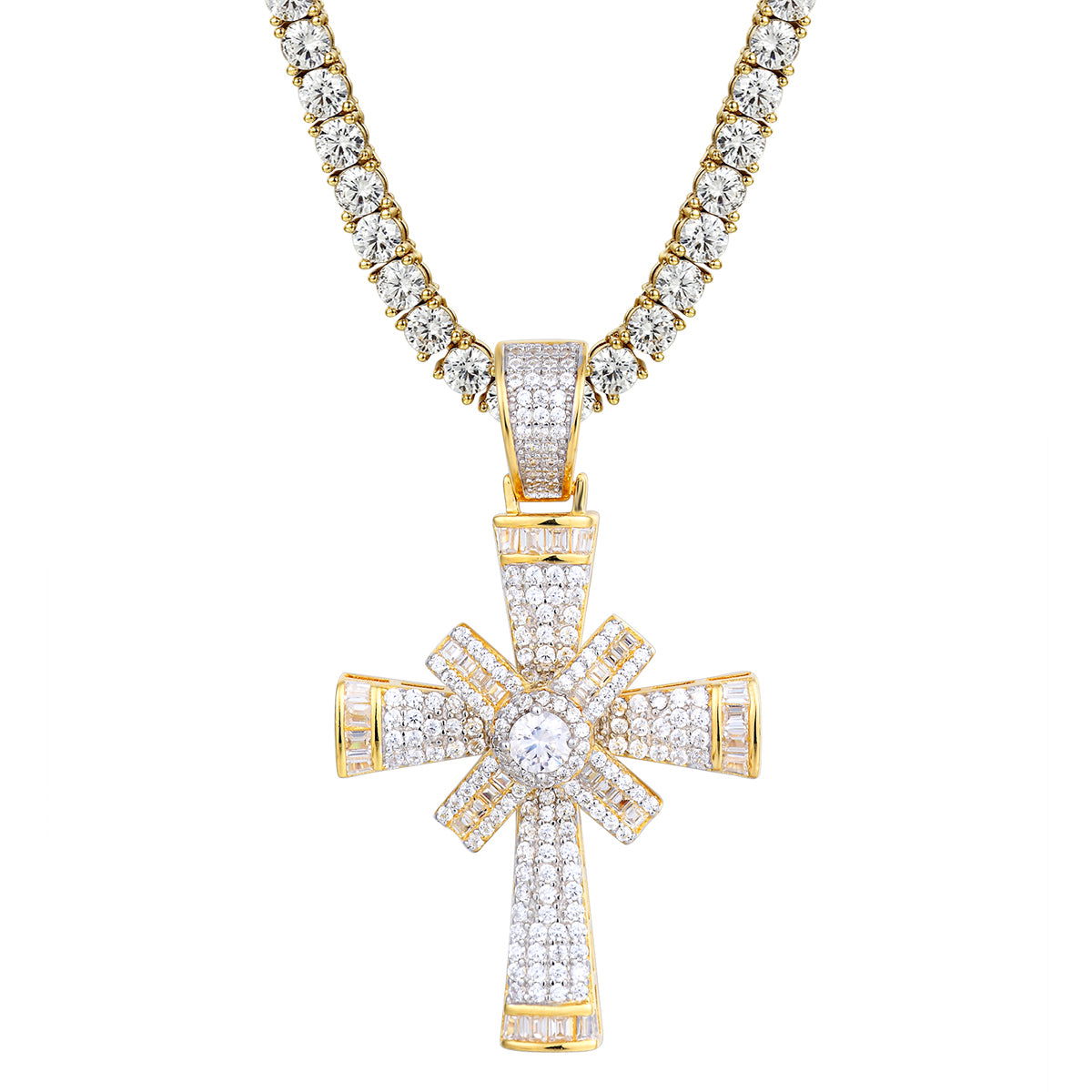 New Baguette Star Spinner Cross Silver Pendant Necklace for Women - Elegant Religious Jewelry Gift for Baptism, First Communion & Everyday Wear