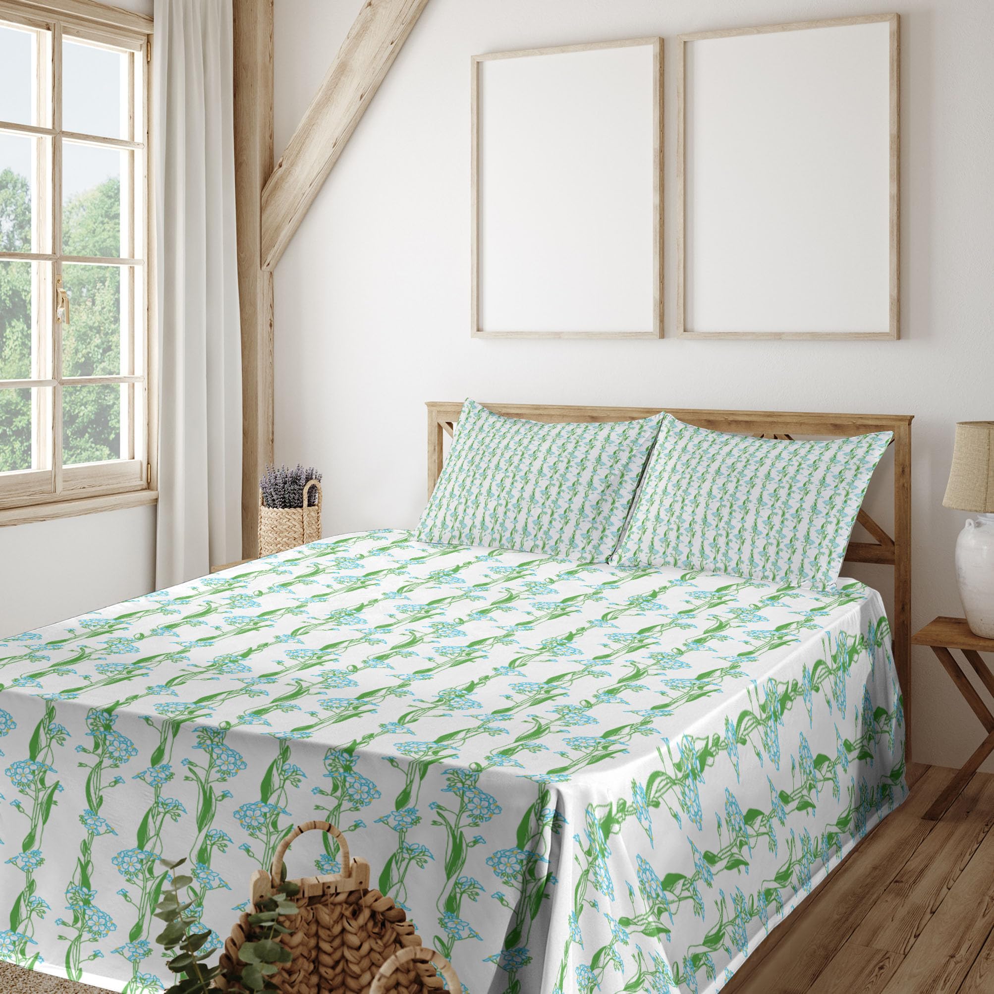 Ambesonne Floral King Size 4-Piece Sheet Set - Vertical Flower Strips with Intertwined Leaves, Fern Green & Sky Blue - Fitted Sheet, Flat Sheet & 2 Pillowcases - Soft Bedding for Master Bedroom, Guest Room & Vacation Homes