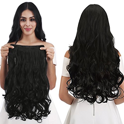 ASSU 24 Inch Black Curly/Wavy Japanese Kanekalon Synthetic Hair Extensions - 5 Clip-in Human-Like No Shine Hairpiece for Women & Girls | Perfect for Daily Wear, Cosplay & Special Occasions