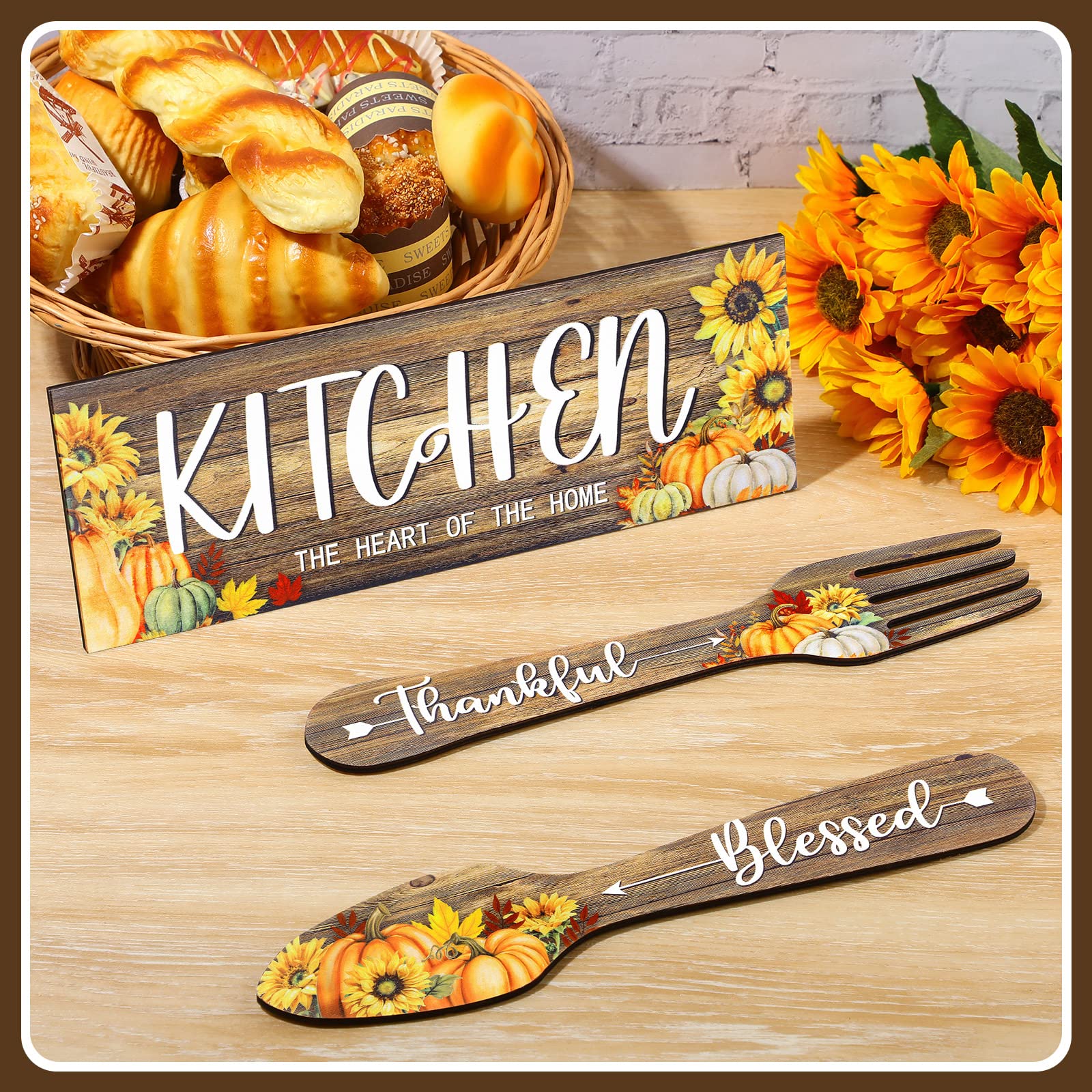 3-Piece Rustic Farmhouse Kitchen Wall Decor Set - Wooden Thankful Grateful Blessed Signs with Maple Pumpkin & Sunflower Design - Fork and Spoon Hanging Art for Home - Light Brown Farmhouse Decor (Perfect for Thanksgiving, Fall Season & Farmhouse Style Kitchens)