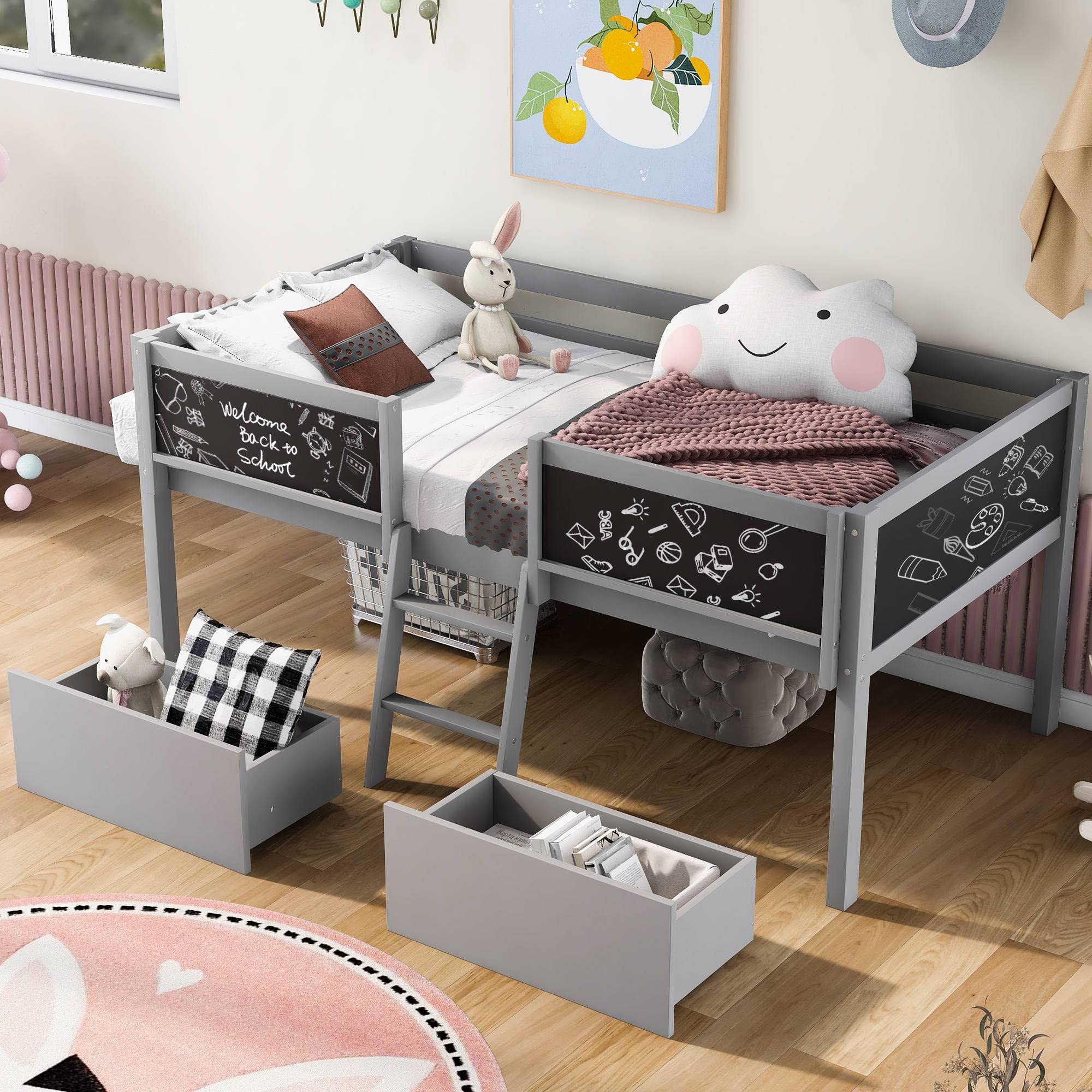 **Wooden Twin Size Loft Bed with 2 Drawers & Chalkboard Guardrail - Sturdy Low Loft Bed Frame with Storage & Ladder for Kids & Teens - Perfect for Small Bedrooms, Dorm Rooms, or Playrooms (Gray, No Box Spring Needed)**