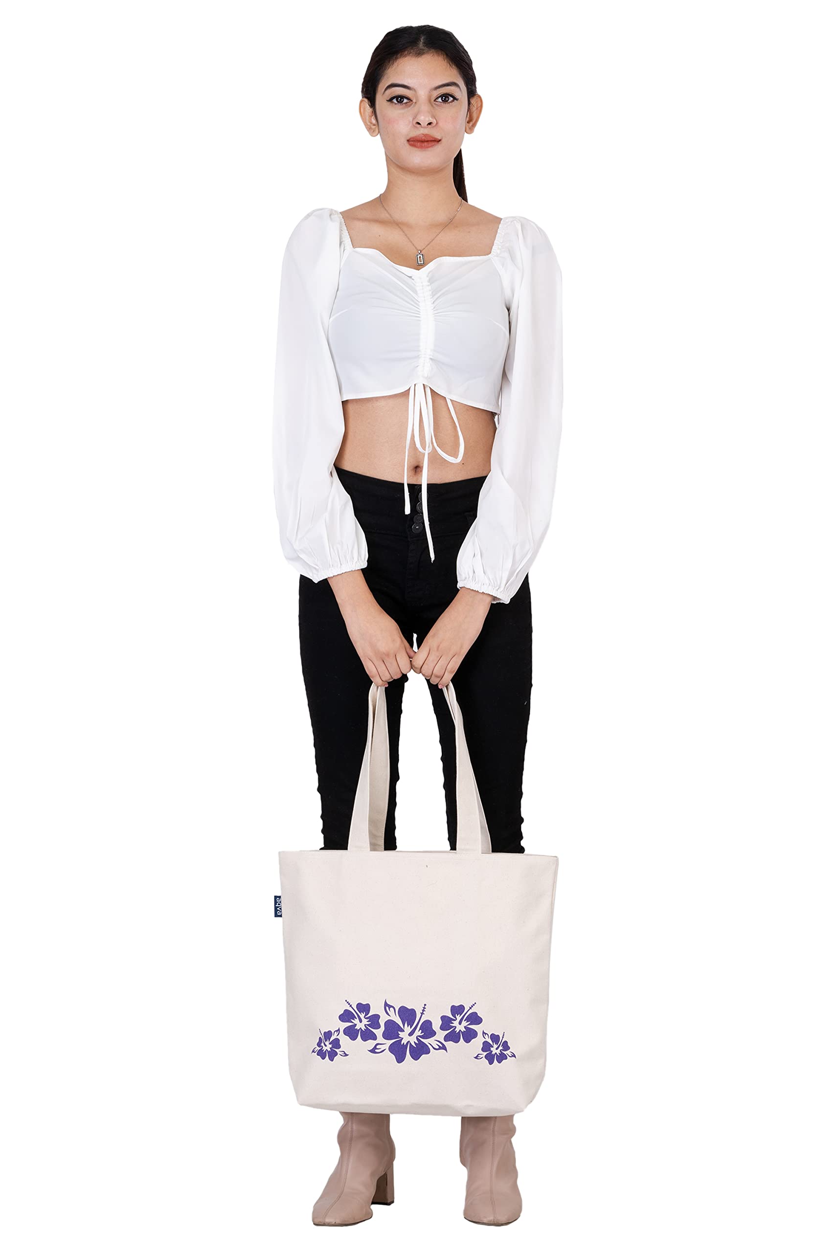 Stylish AQVA Cotton Canvas Shoulder Tote Bag for Women - Printed Multipurpose Handbag with Top Zip Closure | Perfect for Shopping, Travel, Work, Beach, Office & College | Durable Everyday Carry & Fashion Accessory