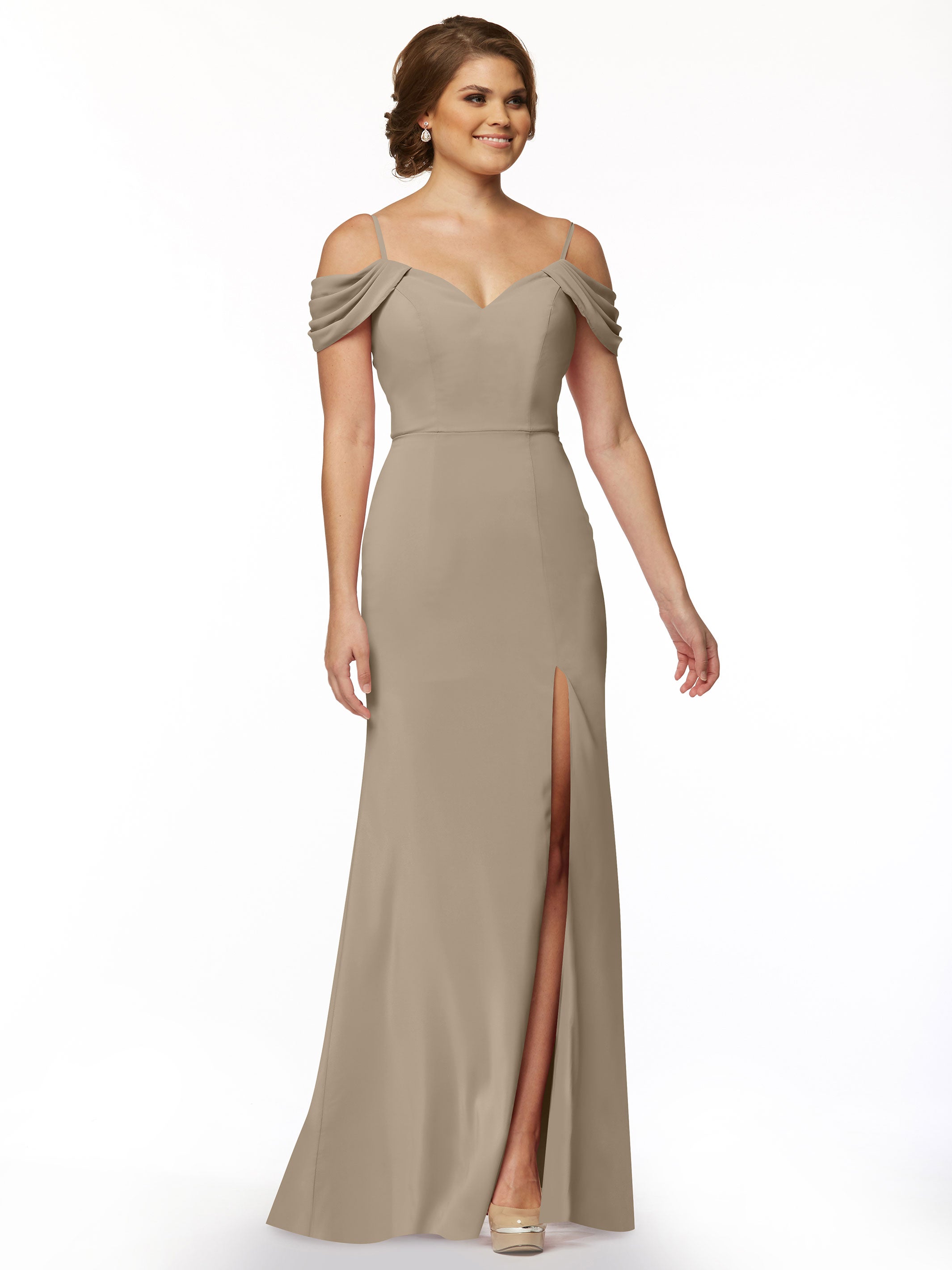 Elegant 83029 Fitted Stretch Chiffon Off-The-Shoulder Bridesmaid Dress with High Slit - Perfect for Weddings, Prom & Formal Events