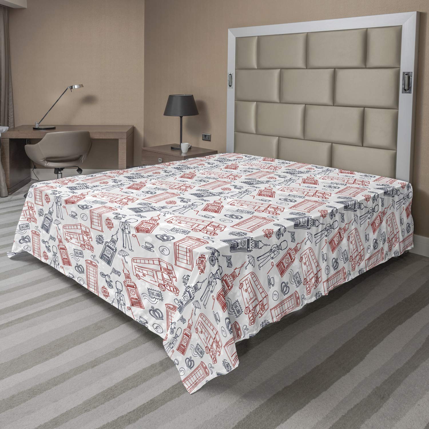 Ambesonne London Flat Sheet - English Country Culture Travel Theme Soft Comfortable King Size Top Sheet, Vermilion Dark Blue - Perfect for Home Decor, Guest Rooms & Themed Bedrooms