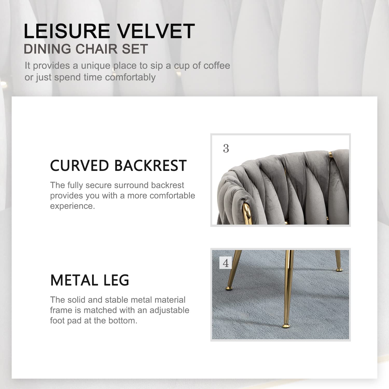 Velvet Dining Chairs Set of 4 - Modern Woven Upholstered Accent Chairs with Gold Metal Legs for Living Room, Dining Room & Kitchen - Soft Grey Velvet Seating - Perfect for Home Decor, Dinner Parties & Cozy Gatherings