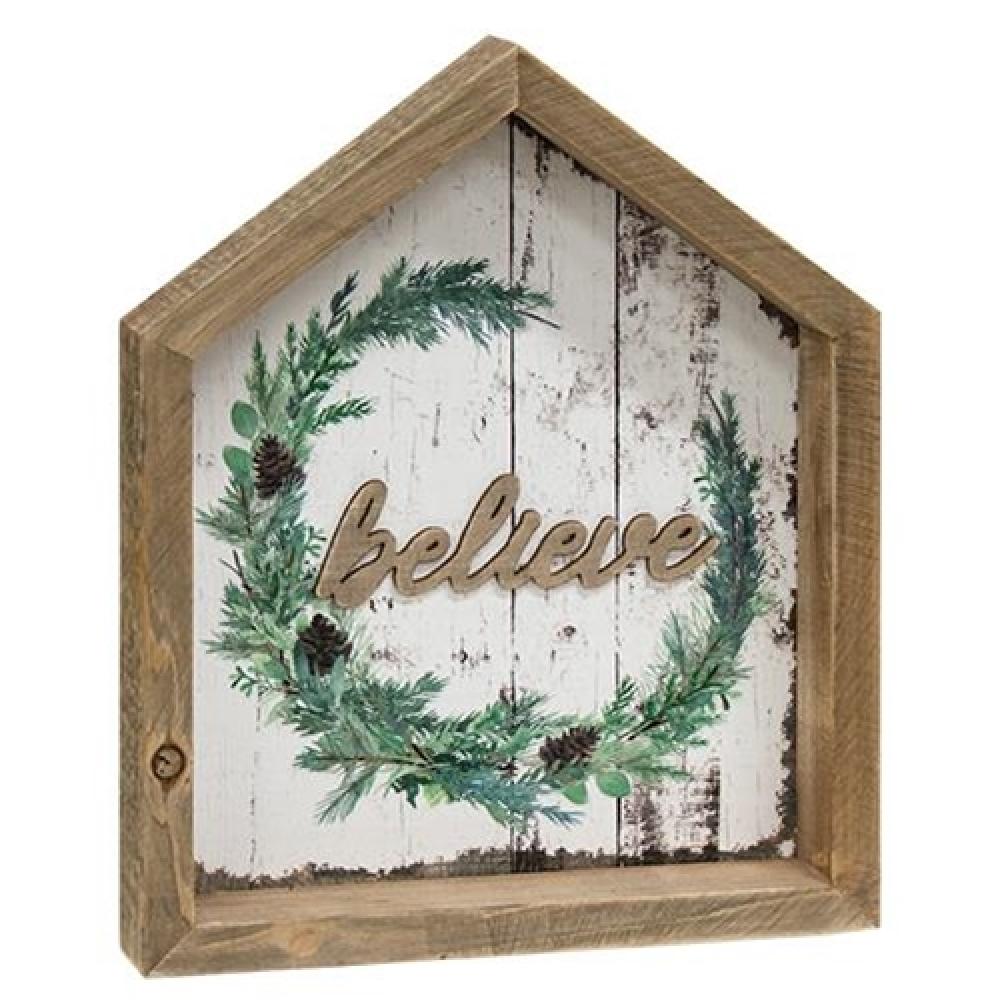 Believe Christmas Wreath House Shadowbox Sign - Holiday Home Decor for Front Door, Wall & Mantel - Perfect for Christmas Decorations & Gift Giving