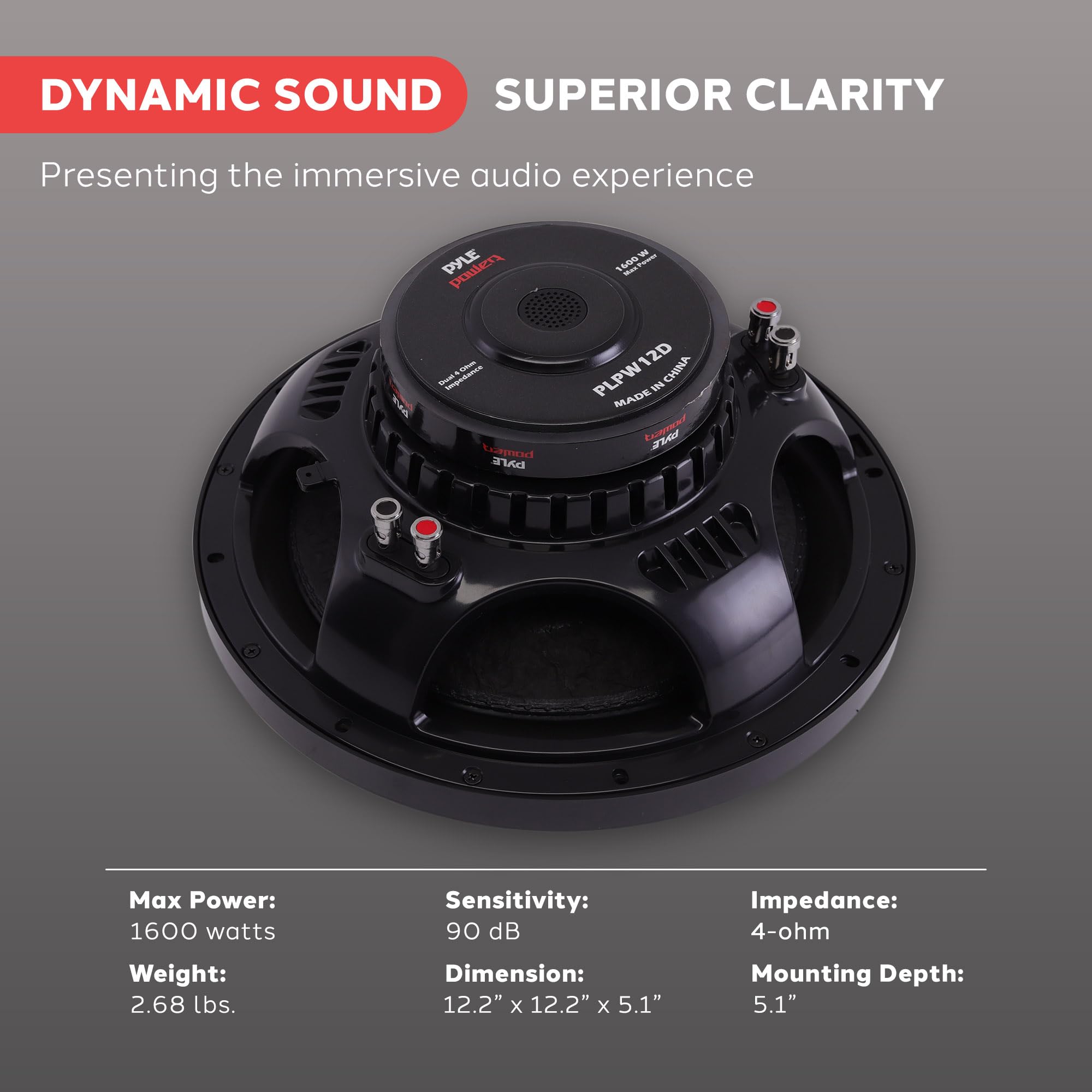 Pyle PLPW12D 12-Inch 1600W High Power Car Audio Subwoofer - Non-Press Paper Cone, 90dB Sensitivity, 40 Ohm Impedance, 60oz Magnet, 2