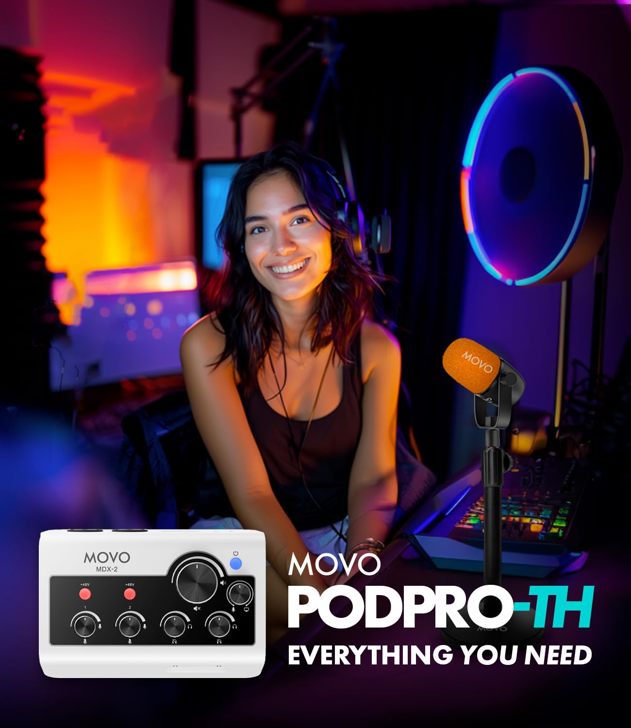 MOVO Portable Podcast Equipment Bundle for iPhone & Android - Audio Interface, 2 Dynamic Mics, Stands - Compatible with Smartphones, PC, Mac (Lightning/USB/USB-C) - Perfect for Home Studios, Streaming & Remote Interviews