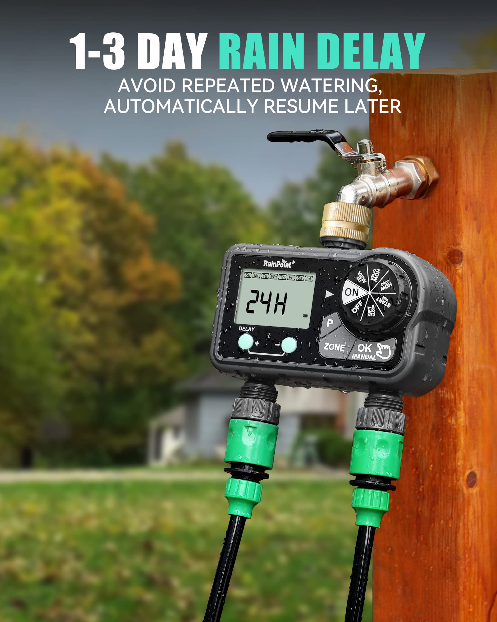 RainPoint 2-Zone Brass Sprinkler Timer - Digital Garden Hose Water Timer with 6 Custom Programs, Delay/Manual/Auto Modes for Daily/Weekly/Specific Irrigation - Perfect for Lawn, Garden & Landscape Watering Systems