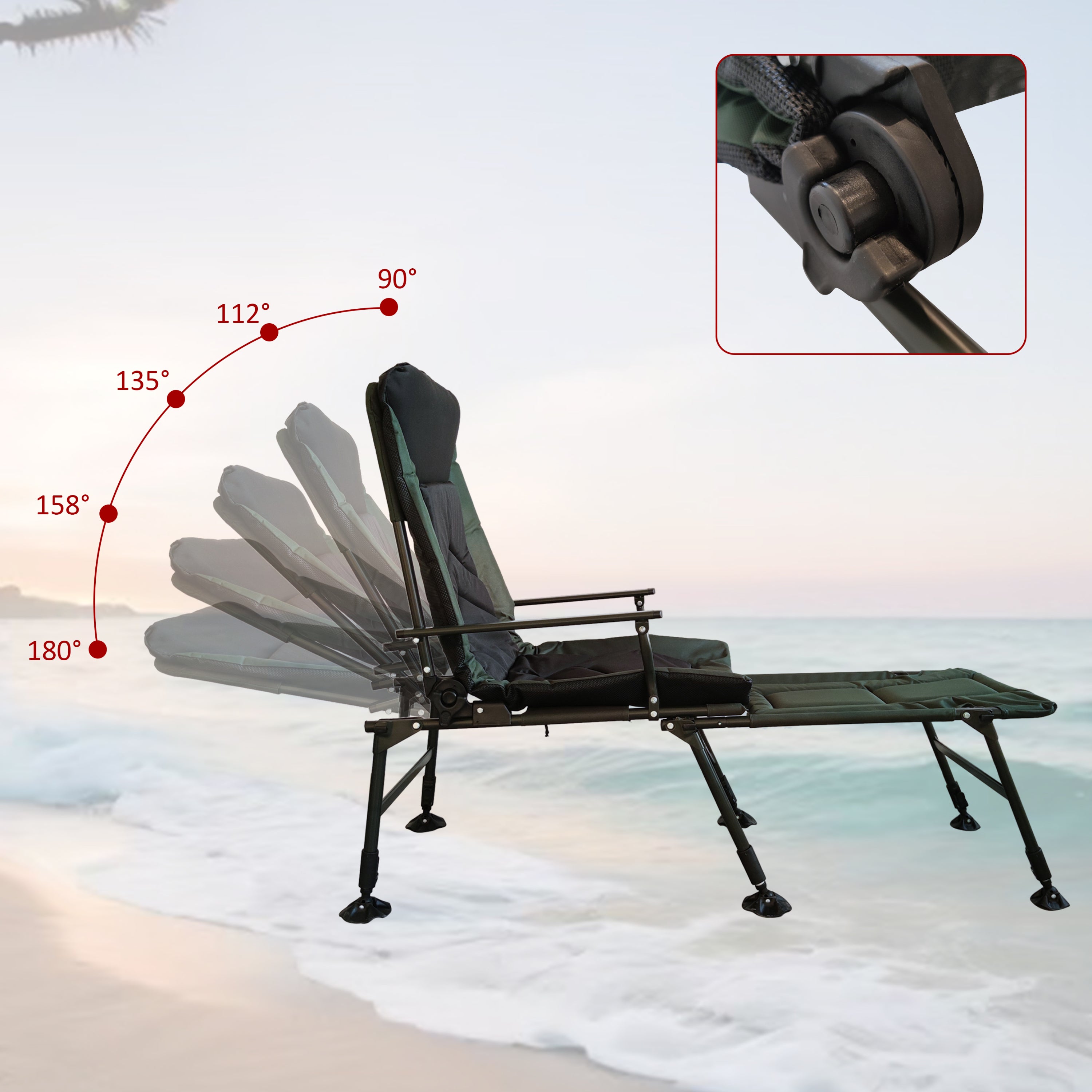 Portable Folding Reclining Camping Chair with Detachable Footrest & Adjustable Backrest - Lightweight Outdoor Lounge Chair for Camping, Beach, Hiking, Fishing (Green & Black) - Perfect for Backyard Relaxation, Picnics and Tailgating