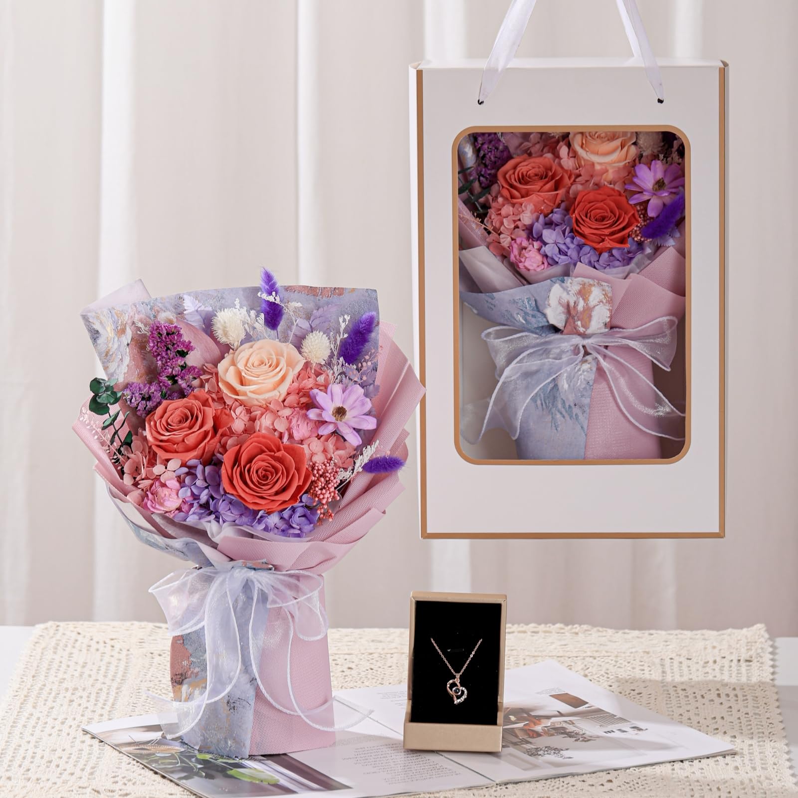 Eternal Preserved Rose Bouquet with Necklace - Fresh Cut Roses for Graduation, Mother's Day, Christmas & Valentine's Day Gifts | Long-Lasting Floral Arrangement for Special Occasions & Romantic Surprises