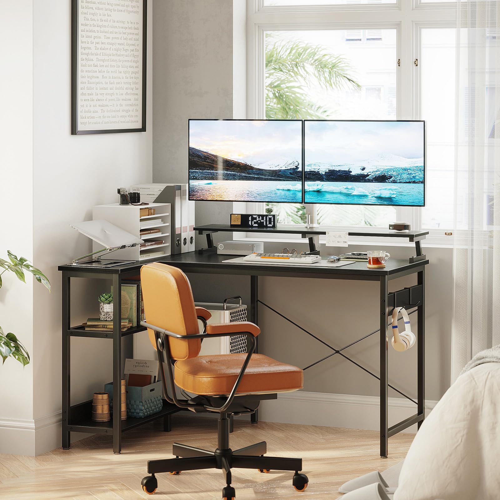 ODK L-Shaped Gaming Desk with Reversible Shelves, Computer Desk with Monitor Stand & Headphone Hooks for Home Office (Black, 120x80x88cm) - Perfect for Gaming Setup, Workstation & Small Spaces