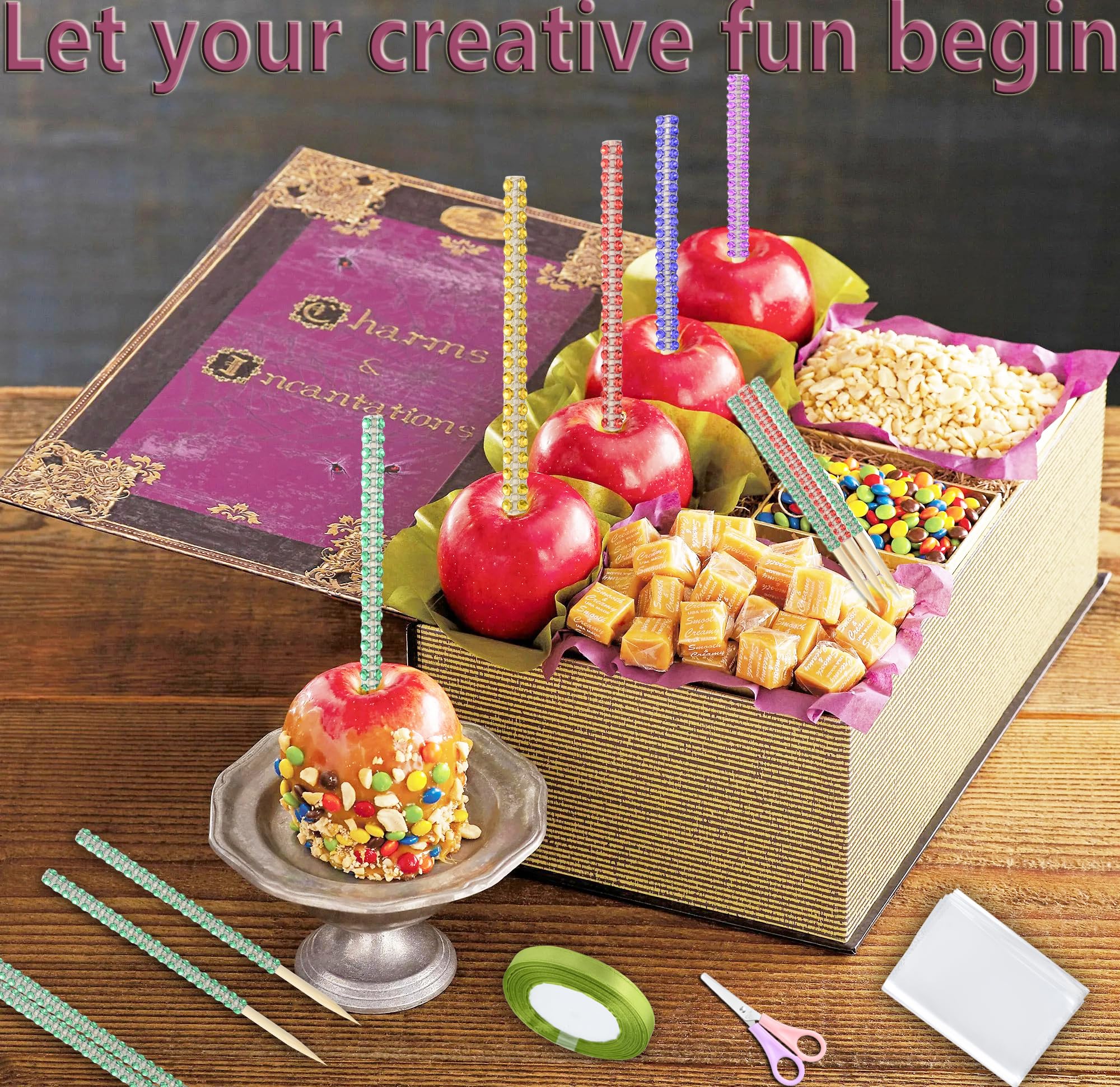 24PCS 6-Inch Rhinestone Caramel Apple Bamboo Sticks - Bling Candy Apple Sticks Kit with Scissors & Ribbon for Holiday Parties, Birthday Decorations & DIY Desserts (Pink)