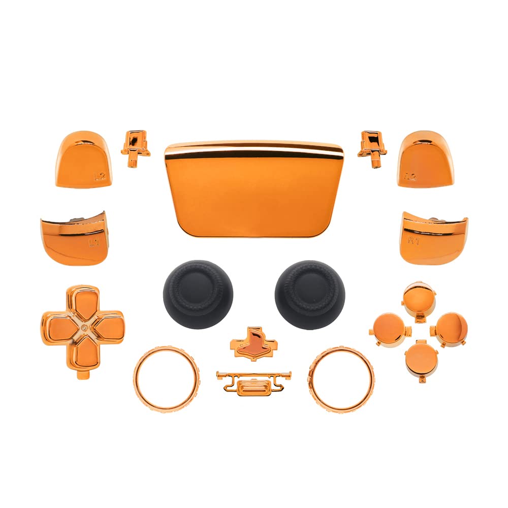 Chrome Orange PS5 Controller Button Set - Replacement D-Pad, R1 L1 R2 L2 Triggers, Touch Pad, Share Buttons, Face Buttons & Thumbsticks with Accent Rings for Playstation 5 - Enhance Your Gaming Experience with Custom Color Options