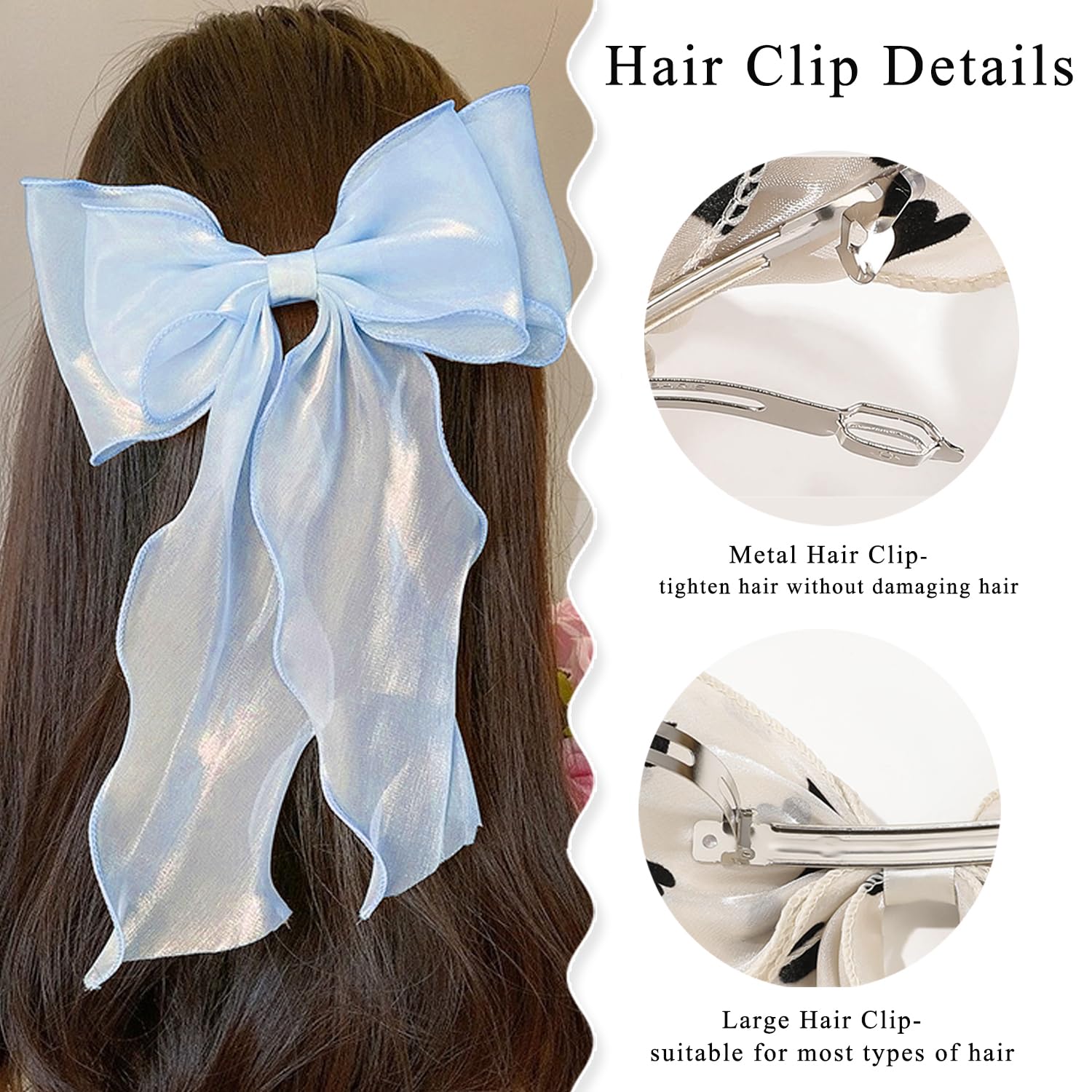 Blue Silk Hair Bow Clips for Women - Elegant Long Tail French Ribbon Bows for Girls & Parties
