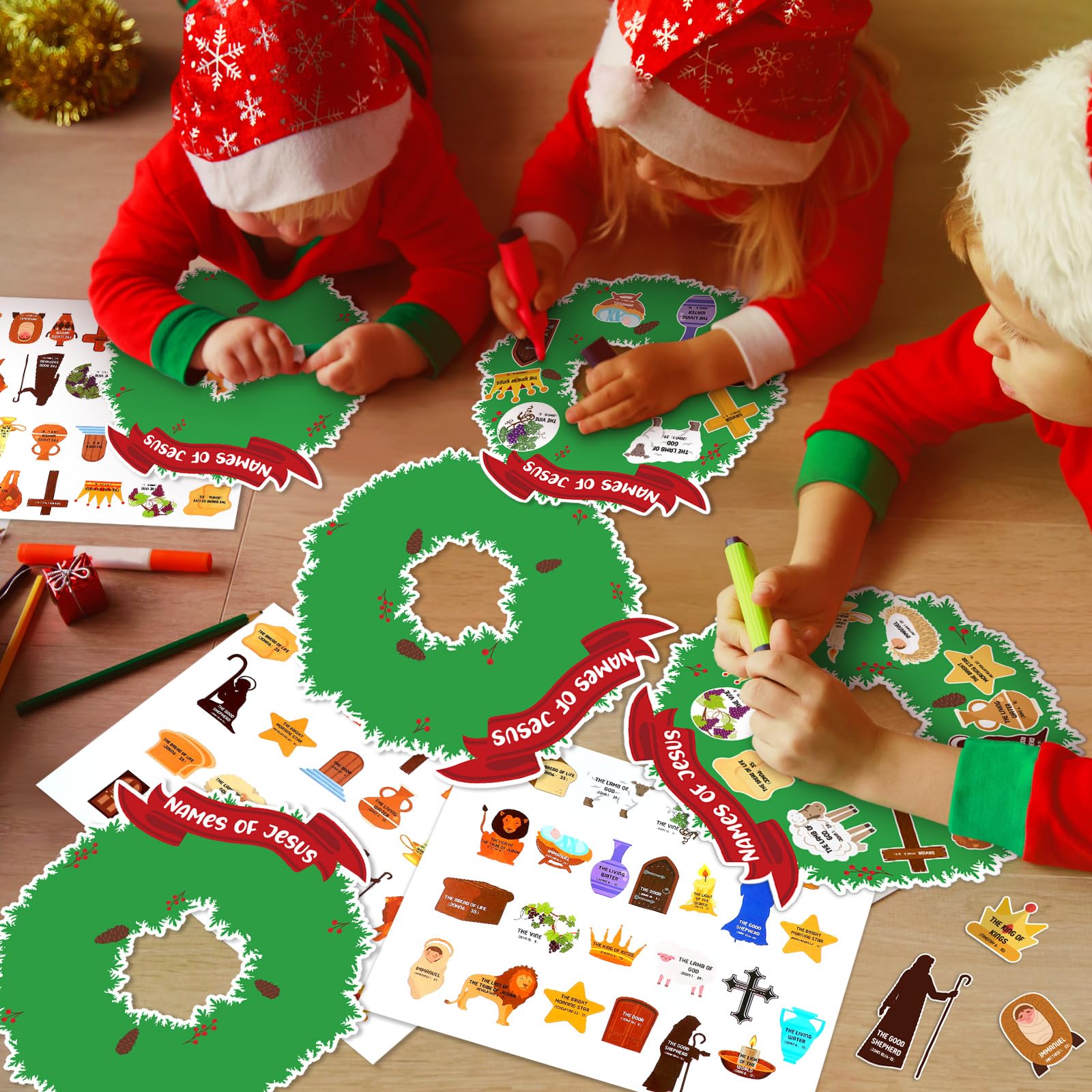 Geetery 24 Pack Sunday School Religious Crafts for Kids - Names of Jesus Wreath Craft Kit, DIY Hanging Christmas Ornament, Paper Craft Kits for Fun Home Activities - Perfect for Church Events, Bible Study & Holiday Decorations