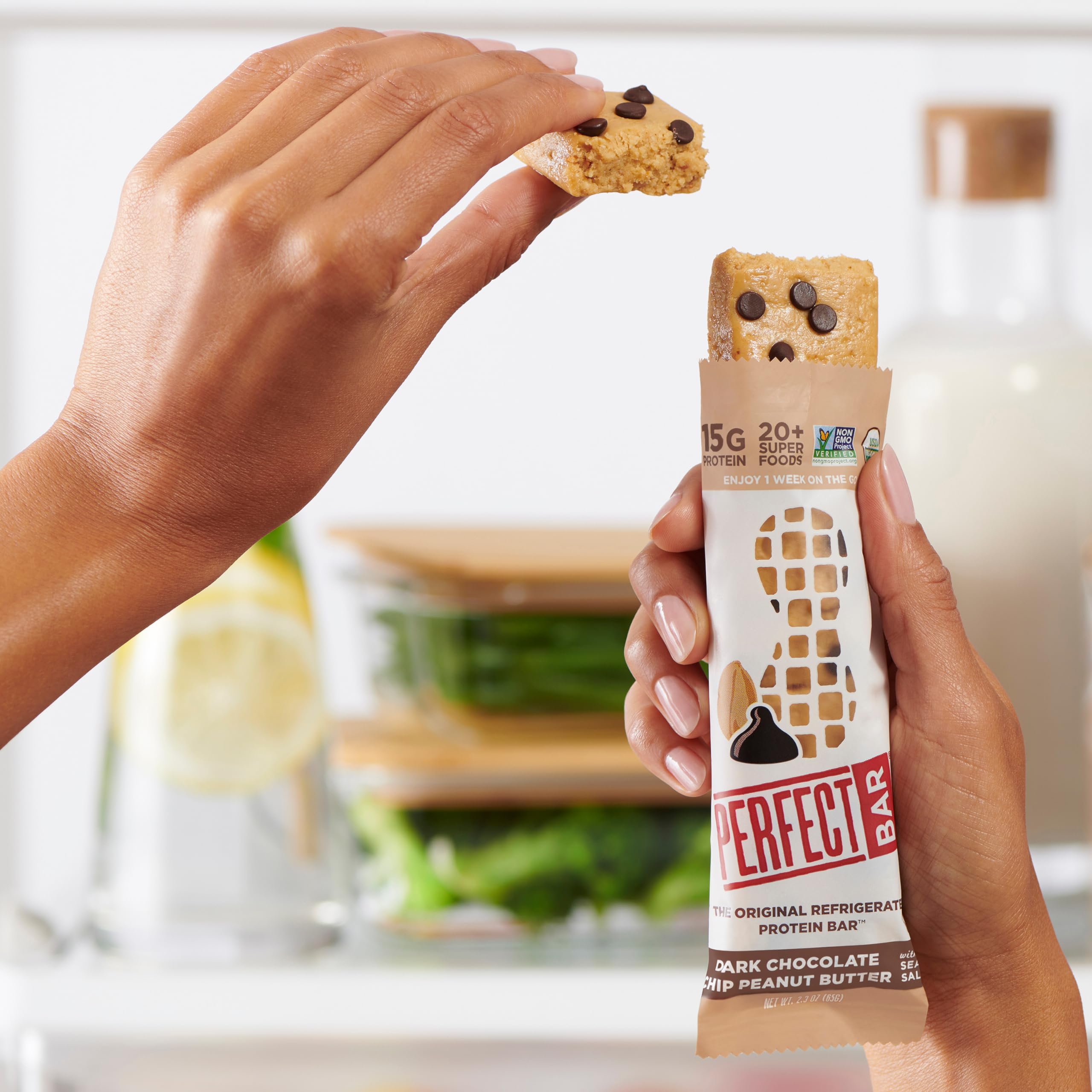 Perfect Bar Dark Chocolate Chip Peanut Butter Protein Bar - High Protein, Organic, Gluten Free, Soy Free, Non GMO, No Sugar Alcohols, 2.3oz (10 Count) - Healthy Snack for Workouts, Hiking & On-the-Go Nutrition