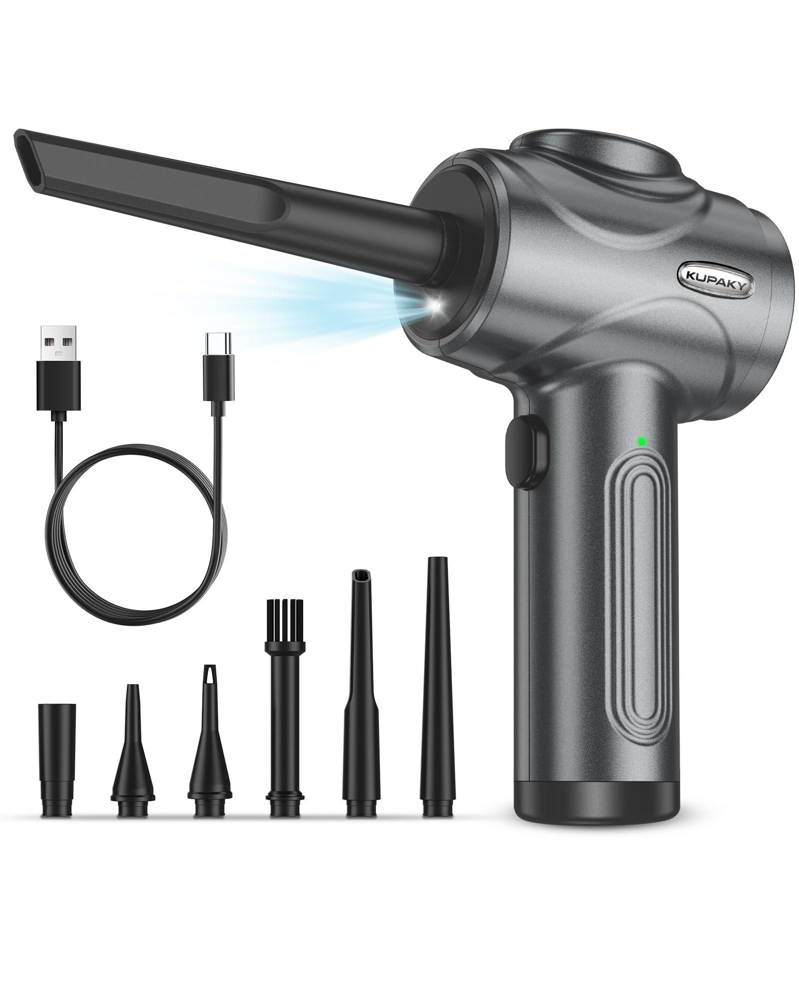100,000 RPM Electric Compressed Air Duster for Computers & Electronics - 3-Speed Powerful Air Blower with LED Light for PC, Keyboard, Car Cleaning (Grey) - Perfect for Home Office, Gaming Setup & Electronic Maintenance
