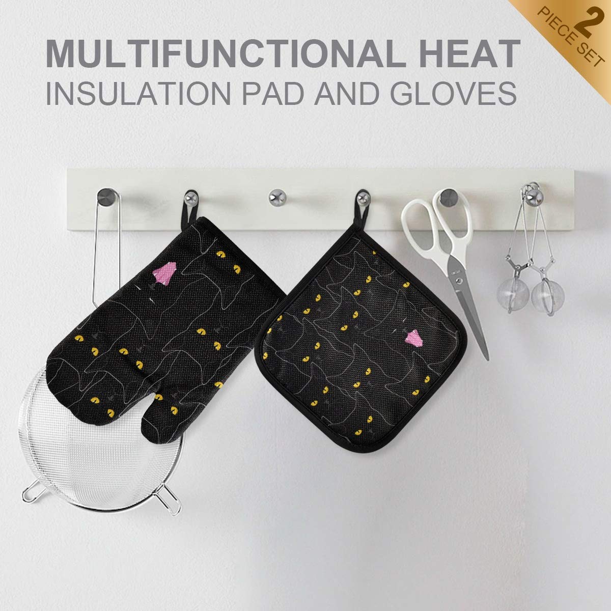 **Heat Resistant Oven Mitts & Pot Holders Set - Non-Slip Cute Black Cat Design for BBQ, Baking, Cooking & Grilling - Perfect Kitchen Accessories for Safe & Stylish Cooking**