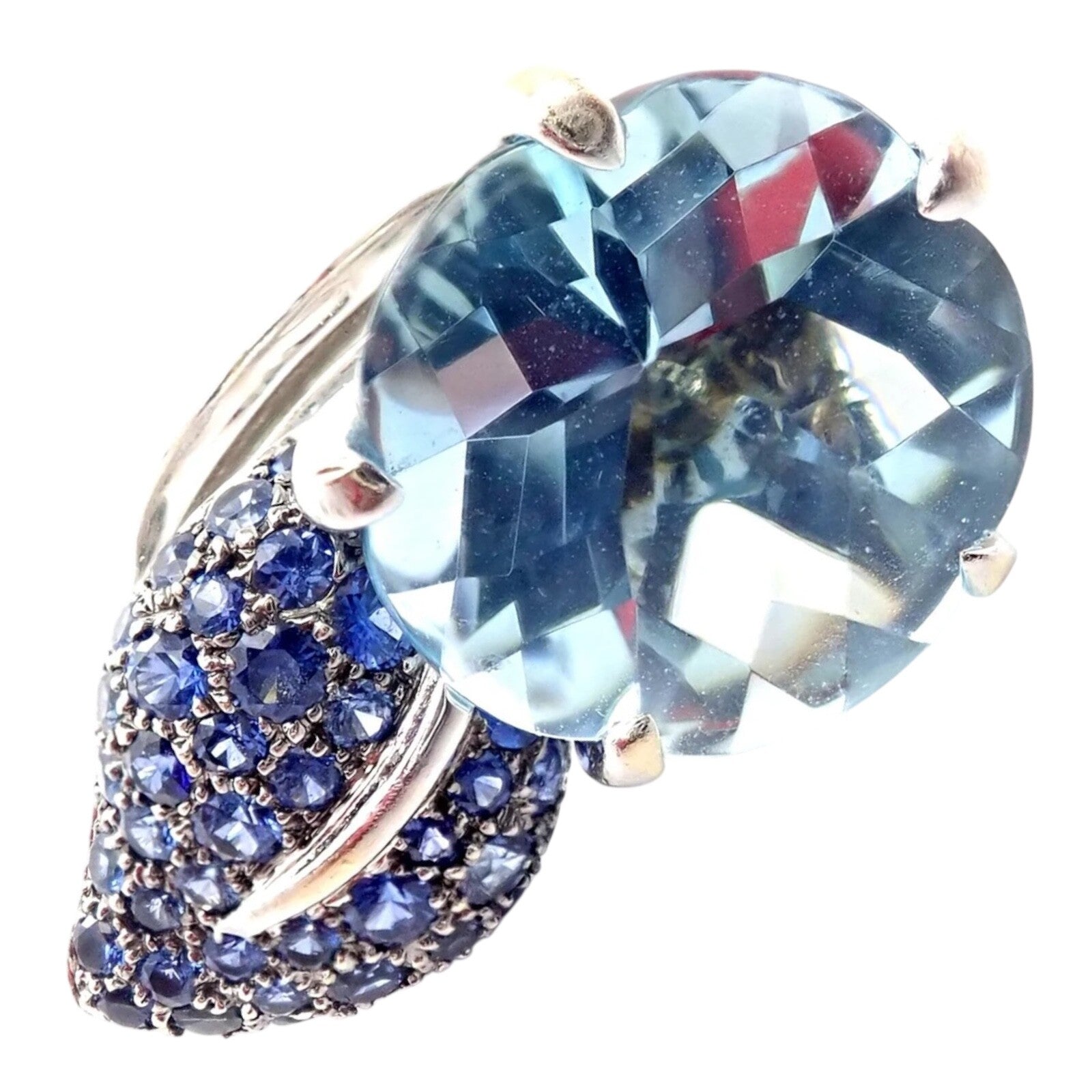 Authentic Chanel Camellia Flower 18k White Gold Aquamarine Sapphire Ring - Luxury Jewelry for Women, Elegant Gift for Anniversary, Wedding & Special Occasions