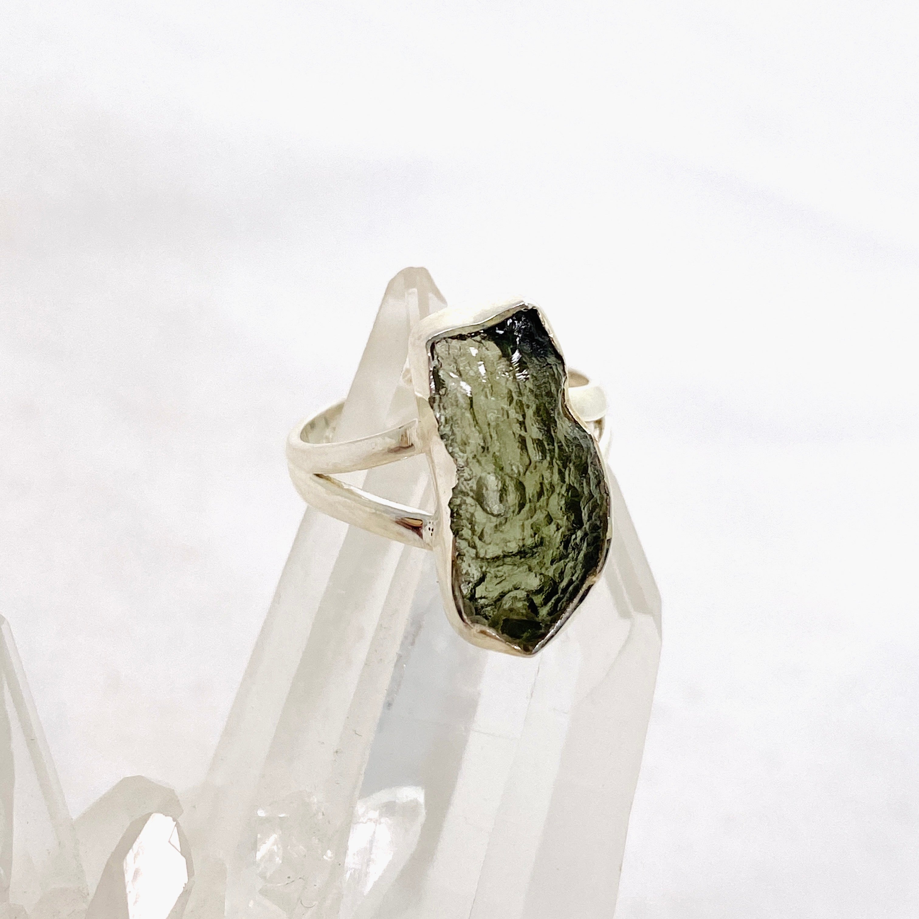 Natural Moldavite Raw Split Band Ring - Size 6 (KRGJ3356) | Handmade Bohemian Jewelry for Women, Wedding, Engagement & Spiritual Healing