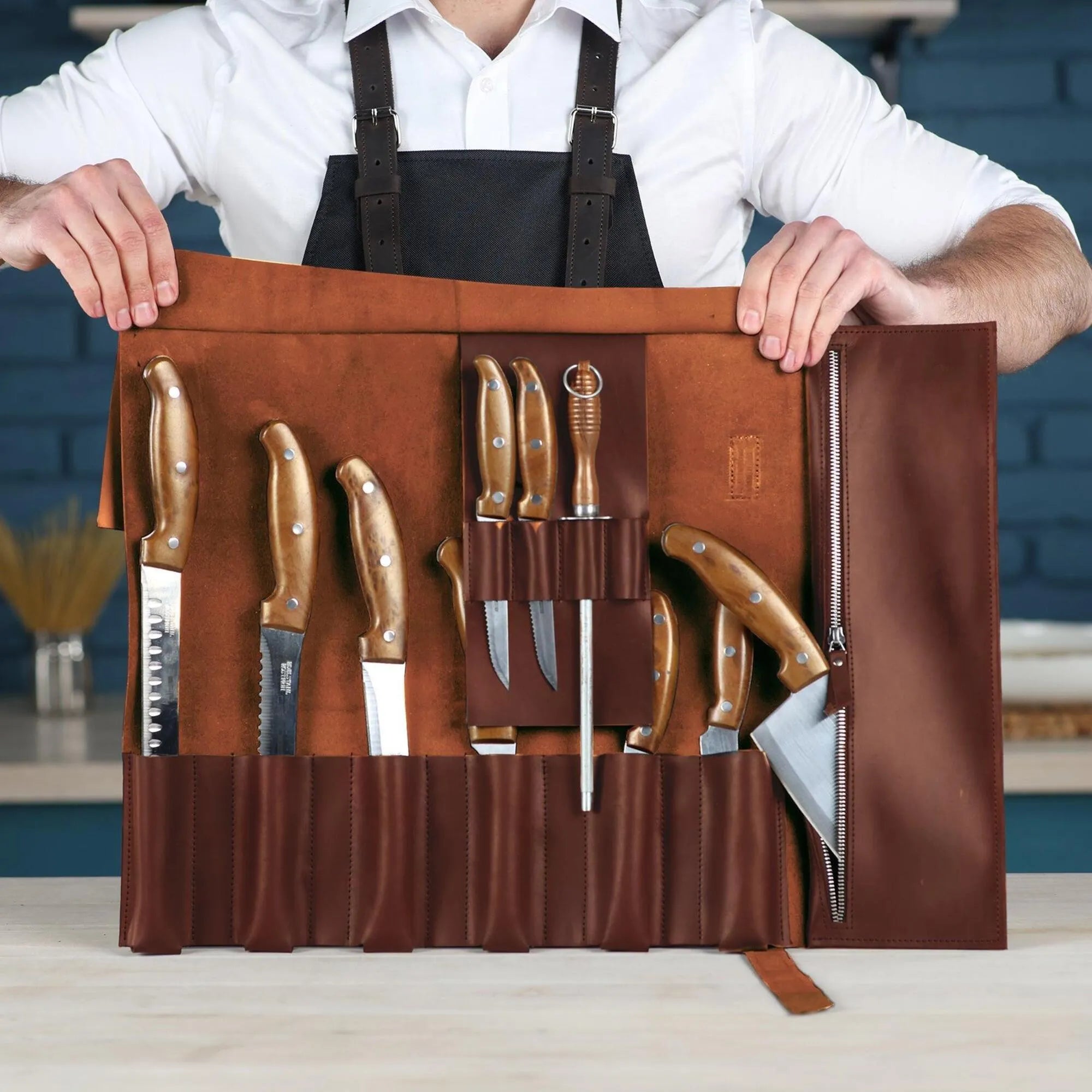 Premium Leather Knife Roll for Chefs & Butchers - Durable Professional Knife Storage Case with 12 Slots - Perfect for Kitchen, Camping & Culinary Gifts