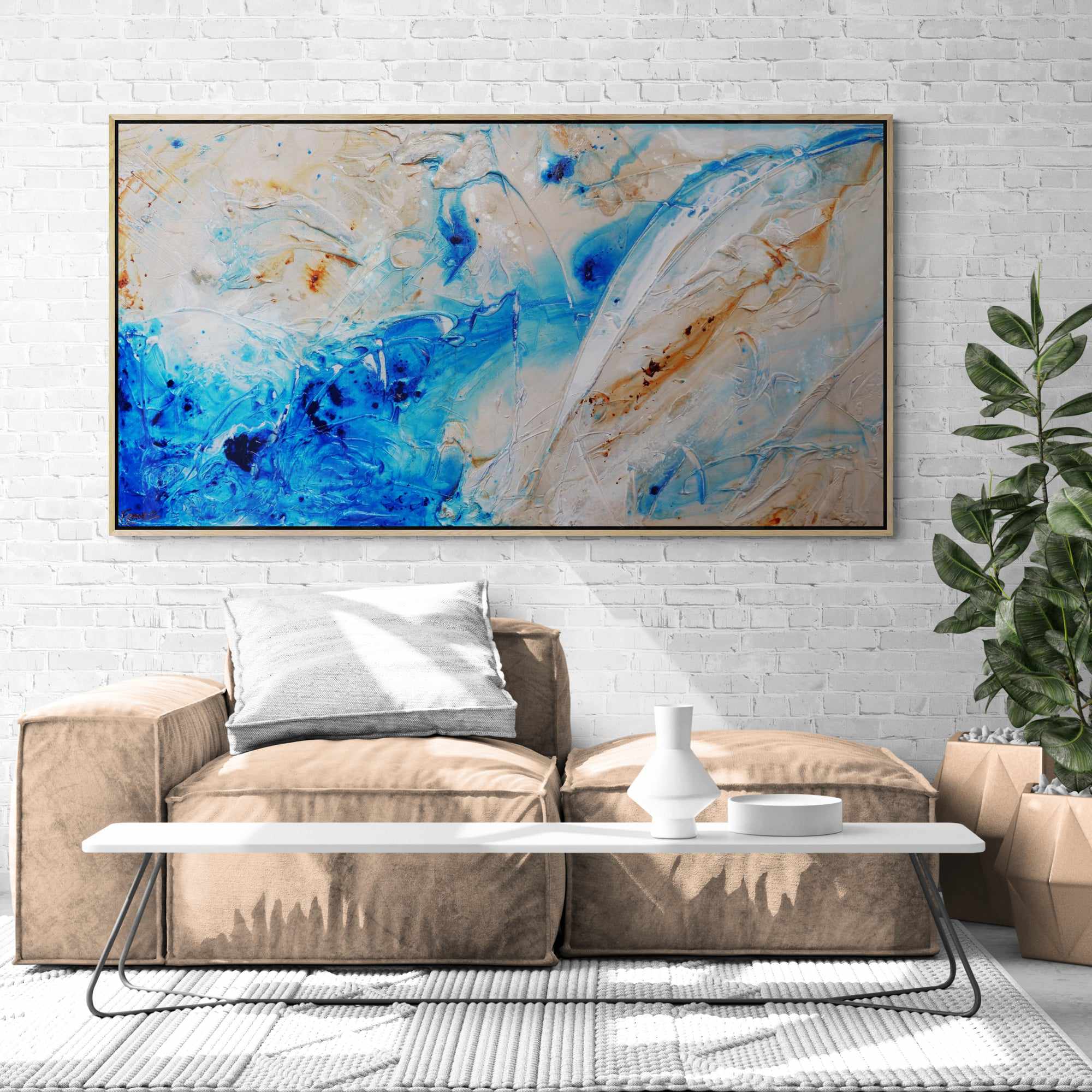 Casbah Rush 190cm x 100cm Blue Cream Textured Abstract Canvas Art - Modern Wall Decor for Living Room, Bedroom & Office