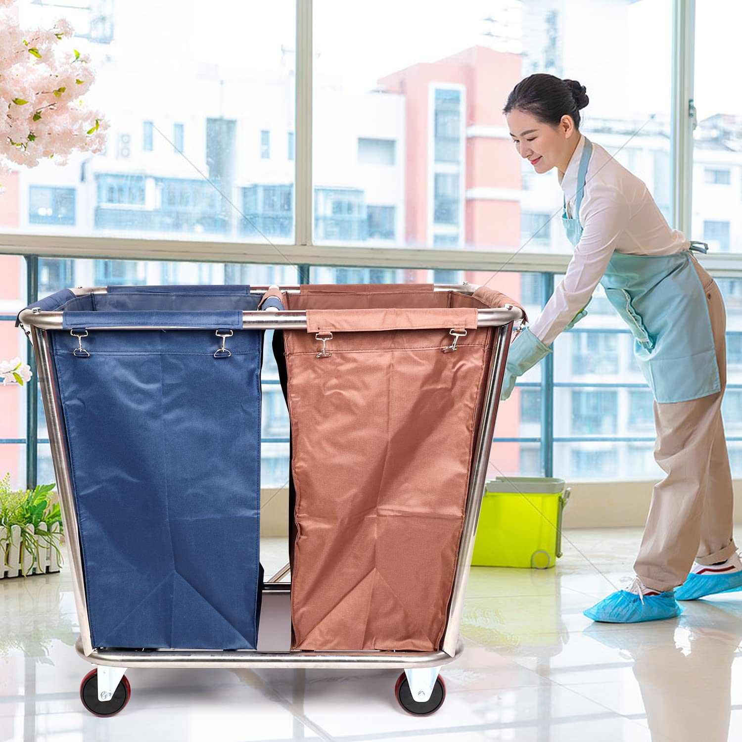 2-Bag Rolling Laundry Sorter Cart with Heavy-Duty Lockable Wheels & Removable Laundry Bags - Commercial Grade Laundry Hamper Trolley for Hotels, Hospitals & Laundromats - Perfect for Clothes Sorting, Storage & Transport