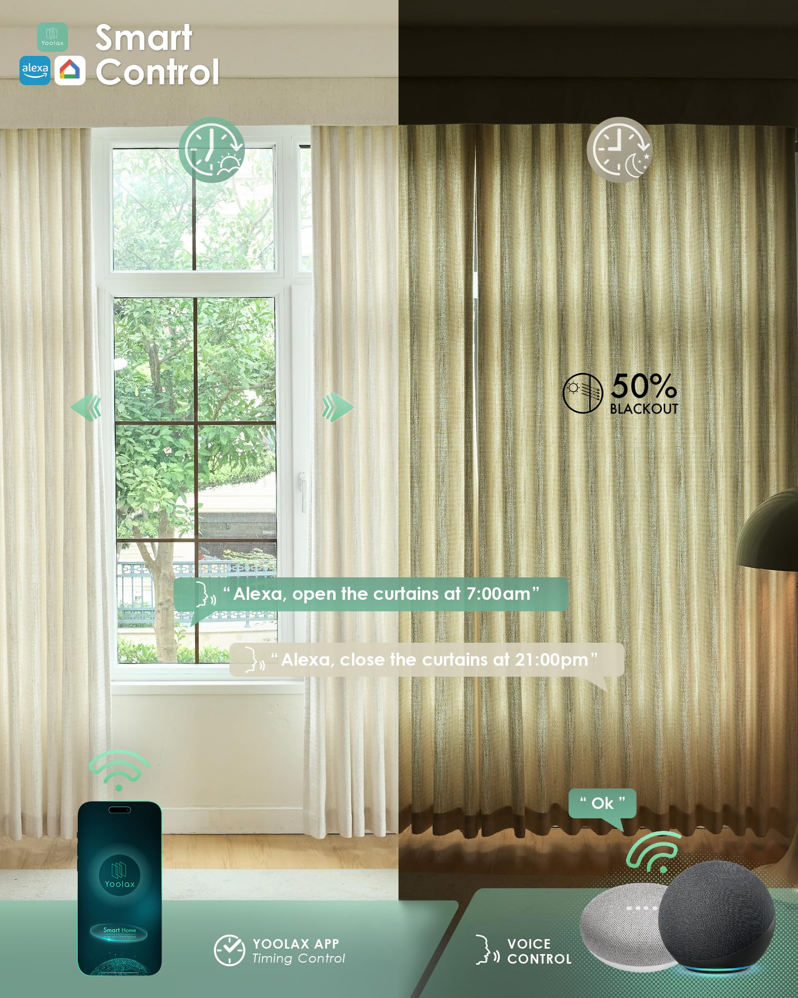 Smart Motorized Curtain Rods with Thermal Insulated Drapes - Yoolax Alexa & Google Home Compatible Electric Curtains, Light Color Fabric Sample - Perfect for Smart Homes, Bedrooms & Living Rooms