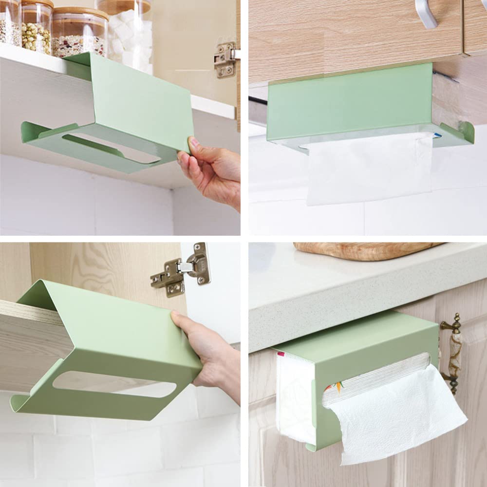 Under Cabinet Paper Towel Holder - Iron Tissue Box Storage Rack for Kitchen, Bathroom & Office - Space-Saving Blue Hanging Organizer for Paper Towels & Tissues - Perfect for Small Spaces & Clutter-Free Countertops