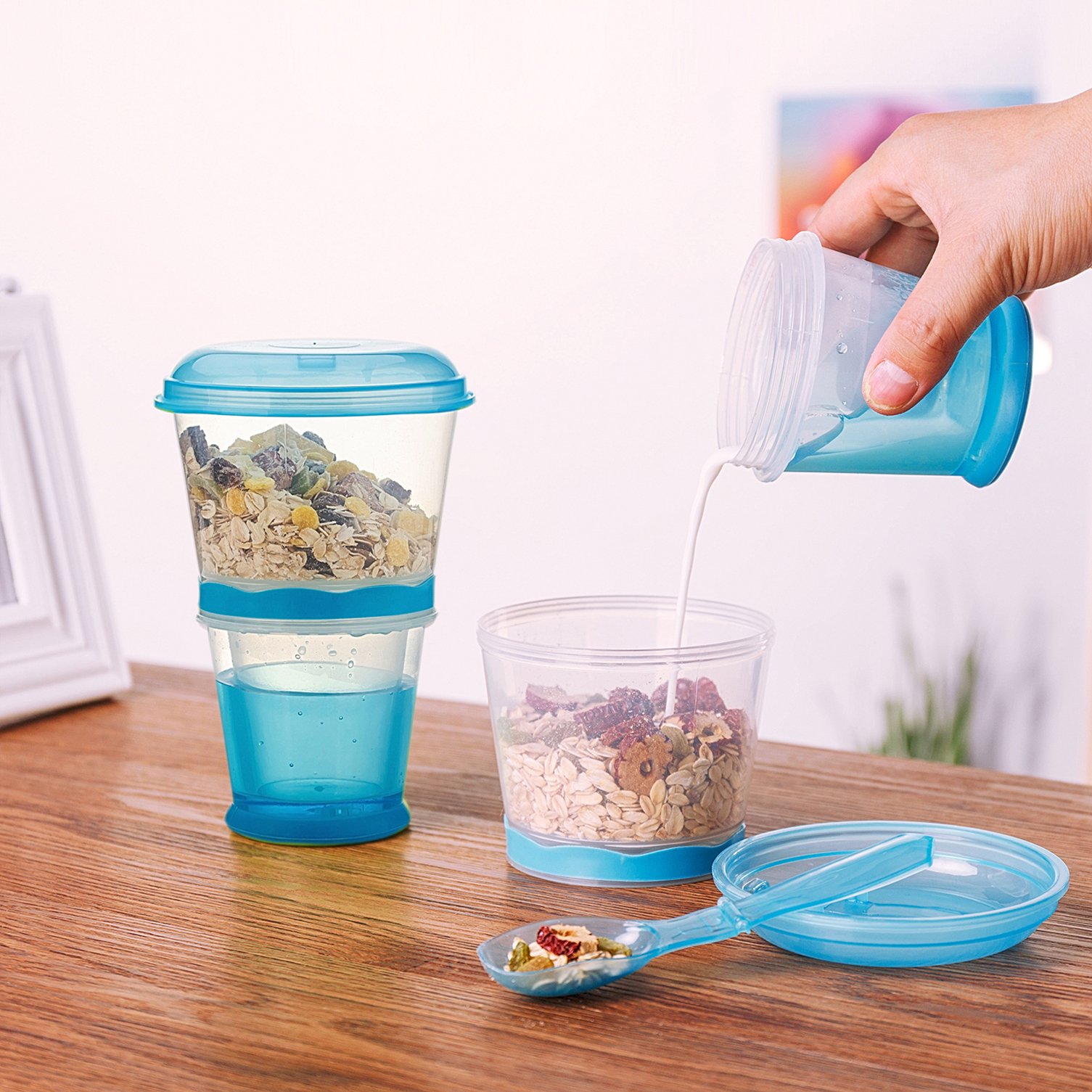 Portable Cereal Cup with Spoon - On-the-Go Breakfast Container for Milk, Yogurt & Snacks - Travel-Friendly Food Storage (Blue) - Perfect for Commuting, Camping & Office Lunch