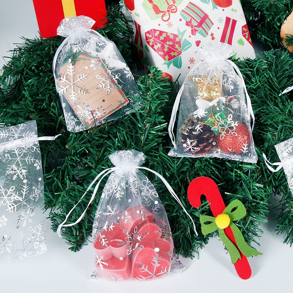 YQL 4x6 Inch Snowflake Organza Bags - 100PCS White Gift Pouches for Christmas, Jewelry & Weddings