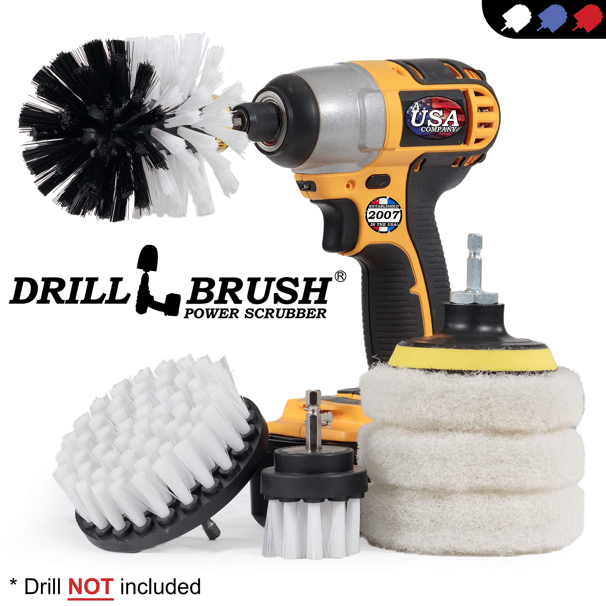 Drillbrush Rotary Drill Brush Set - Cordless Scrubber for Auto Detailing, Upholstery & Bathroom Cleaning | Includes Drill Brush Pads & Shower Door Cleaner | Perfect for Car Detailing, Home Deep Cleaning & Tile Grout Scrubbing