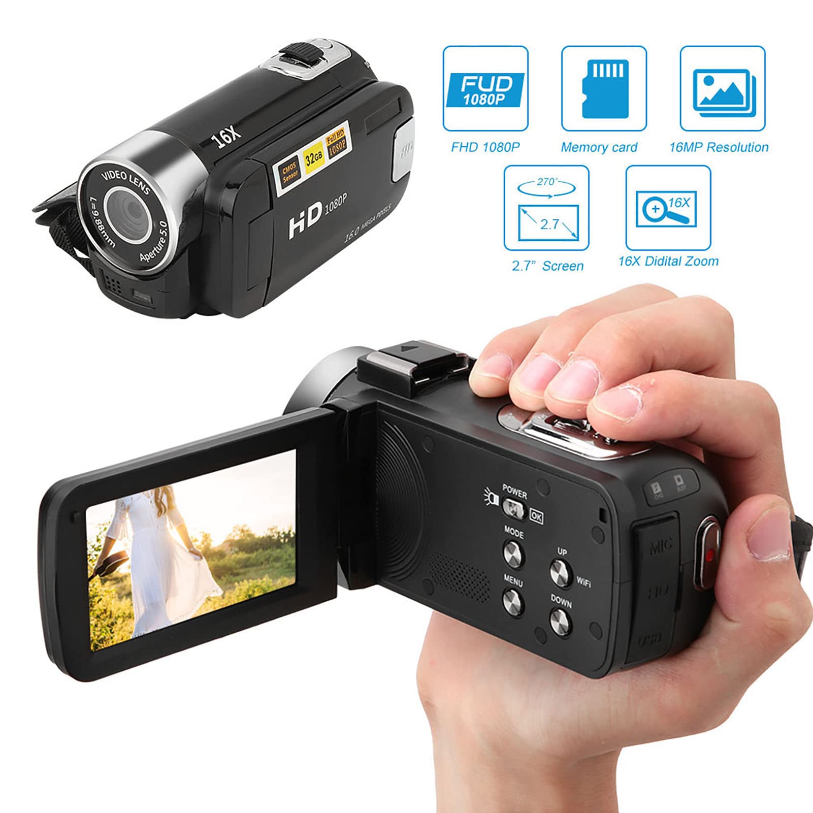 1080P HD Digital Camcorder with 16MP Sensor, 2.7