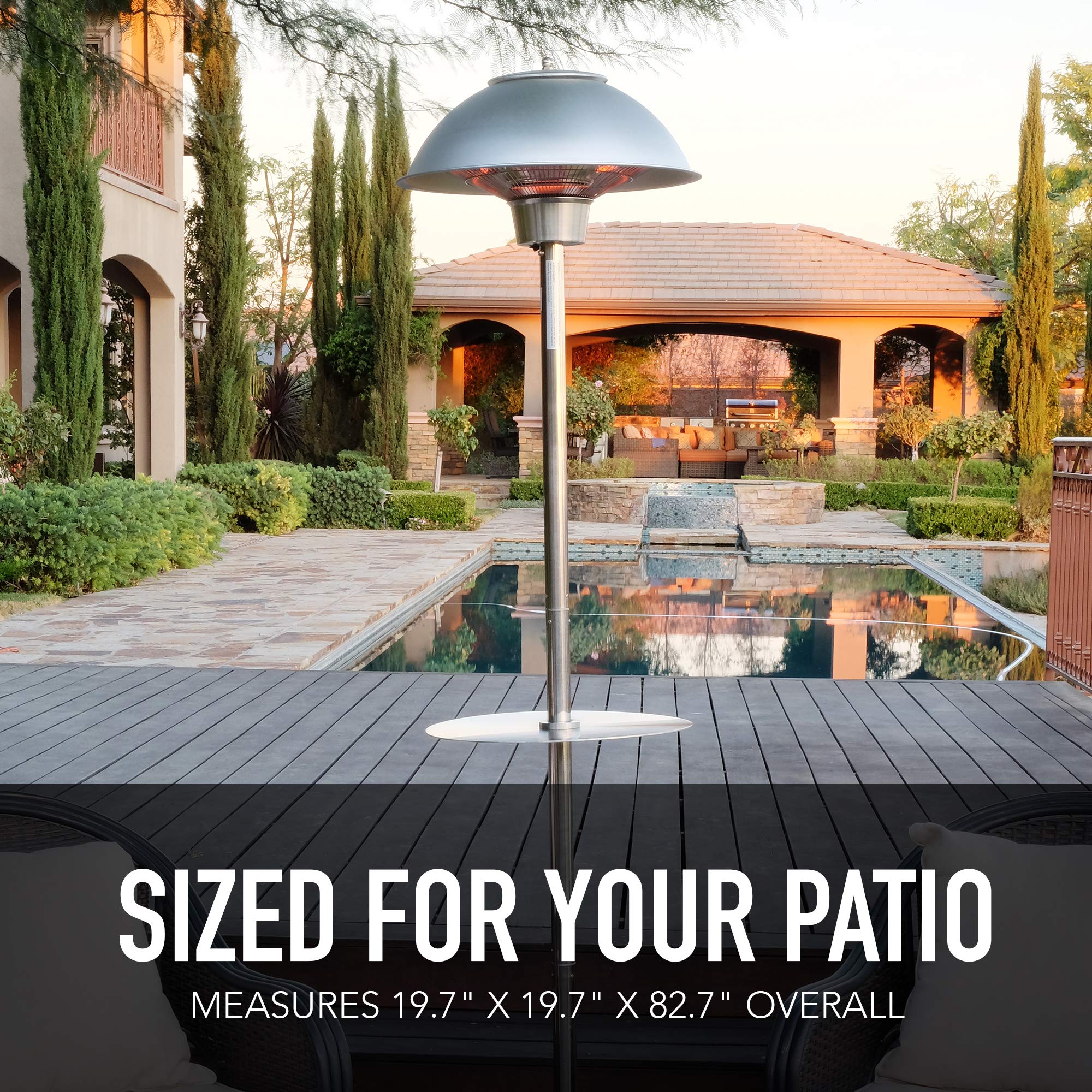 1500W Stainless Steel Electric Patio Heater - Indoor Outdoor Infrared Standing Heater with Table Top | Model PH-90202-SS-AM | Perfect for Backyard, Deck, Restaurant & Patio Warming