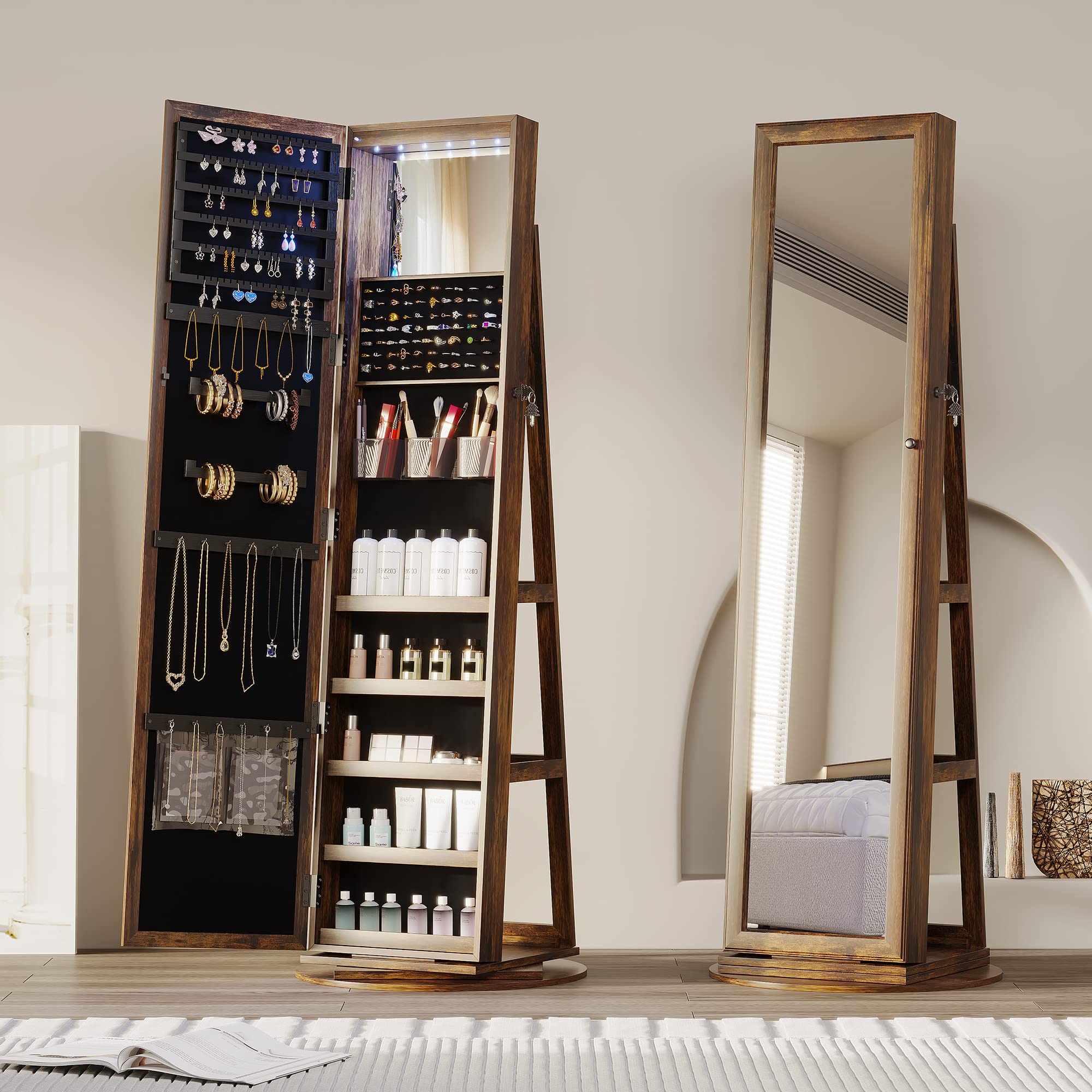 Full Length Mirror Jewelry Armoire with LED Lights - Lockable Standing Jewelry Cabinet with 360° Swivel Mirror & Storage Organizer for Women & Girls | Perfect for Bedroom, Dressing Room & Gift Giving