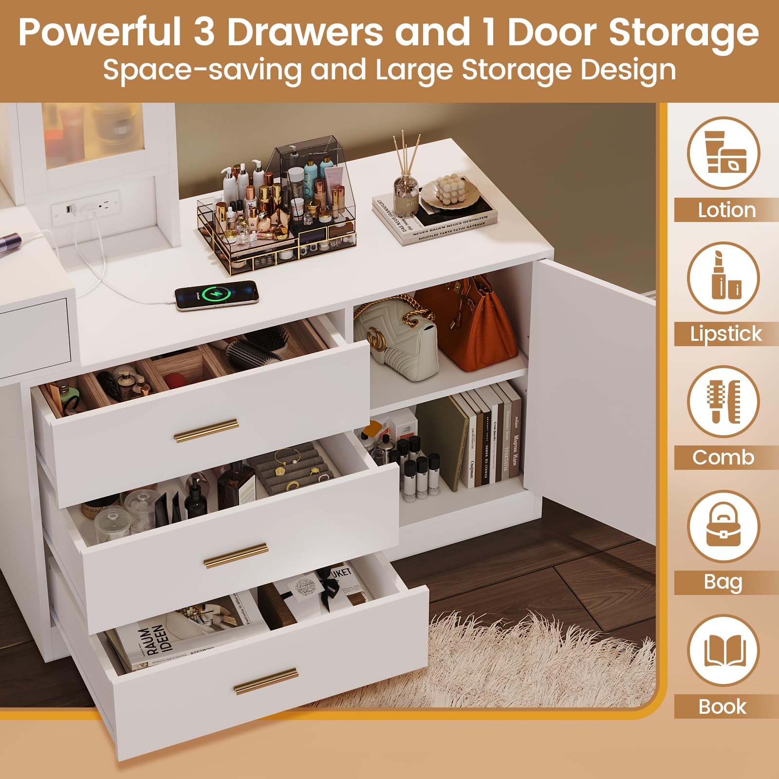 White Makeup Vanity Desk with LED Lights & Mirror - Large Vanity Table Set with 5 Drawers, Storage Shelves, Charging Station & RGB Cabinets - Perfect for Bedroom, Dressing Room & Beauty Salon Organization