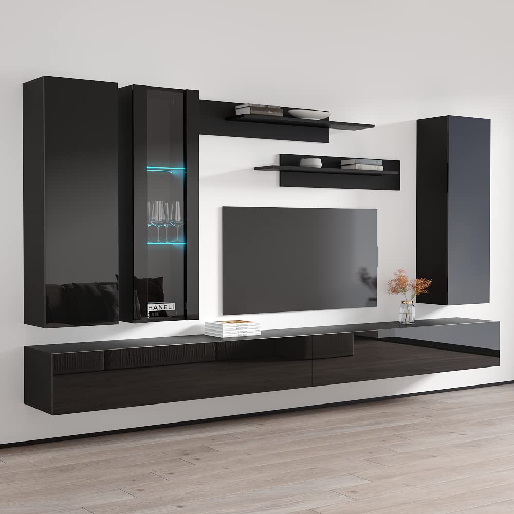 Modern Floating TV Stand with Storage & LED Lights - Wall-Mounted Entertainment Center for Bedroom & Living Room - Black TV Console with Shelves (Perfect for Small Spaces & Home Theater Setup)