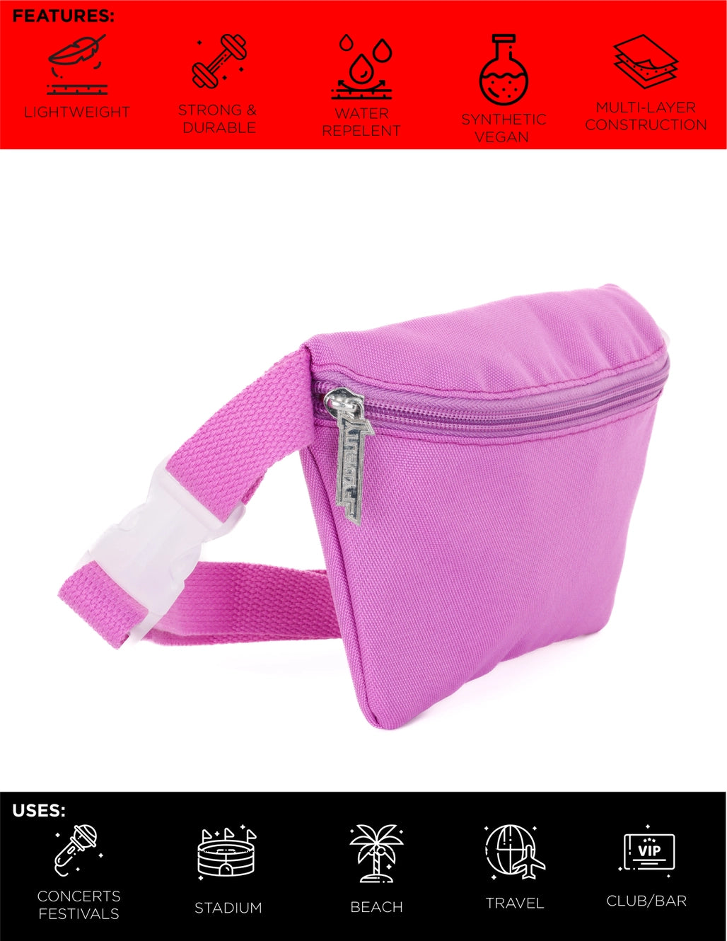 Neon Ultra Slim Fanny Pack Purple - Lightweight Waist Bag for Running, Travel & Festivals