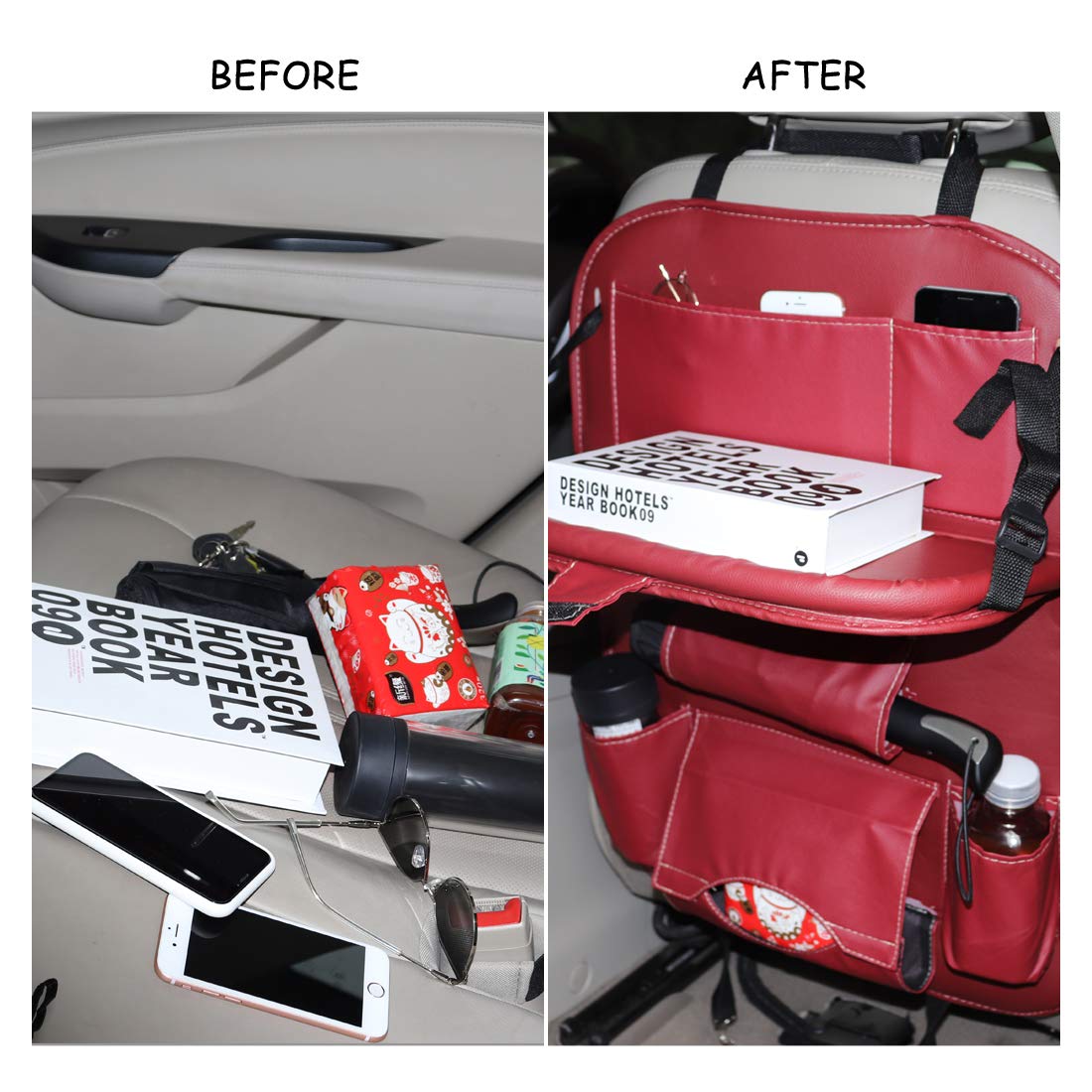 PU Leather Car Back Seat Organizer with Storage Tray - for Kids Toys & Travel Accessories