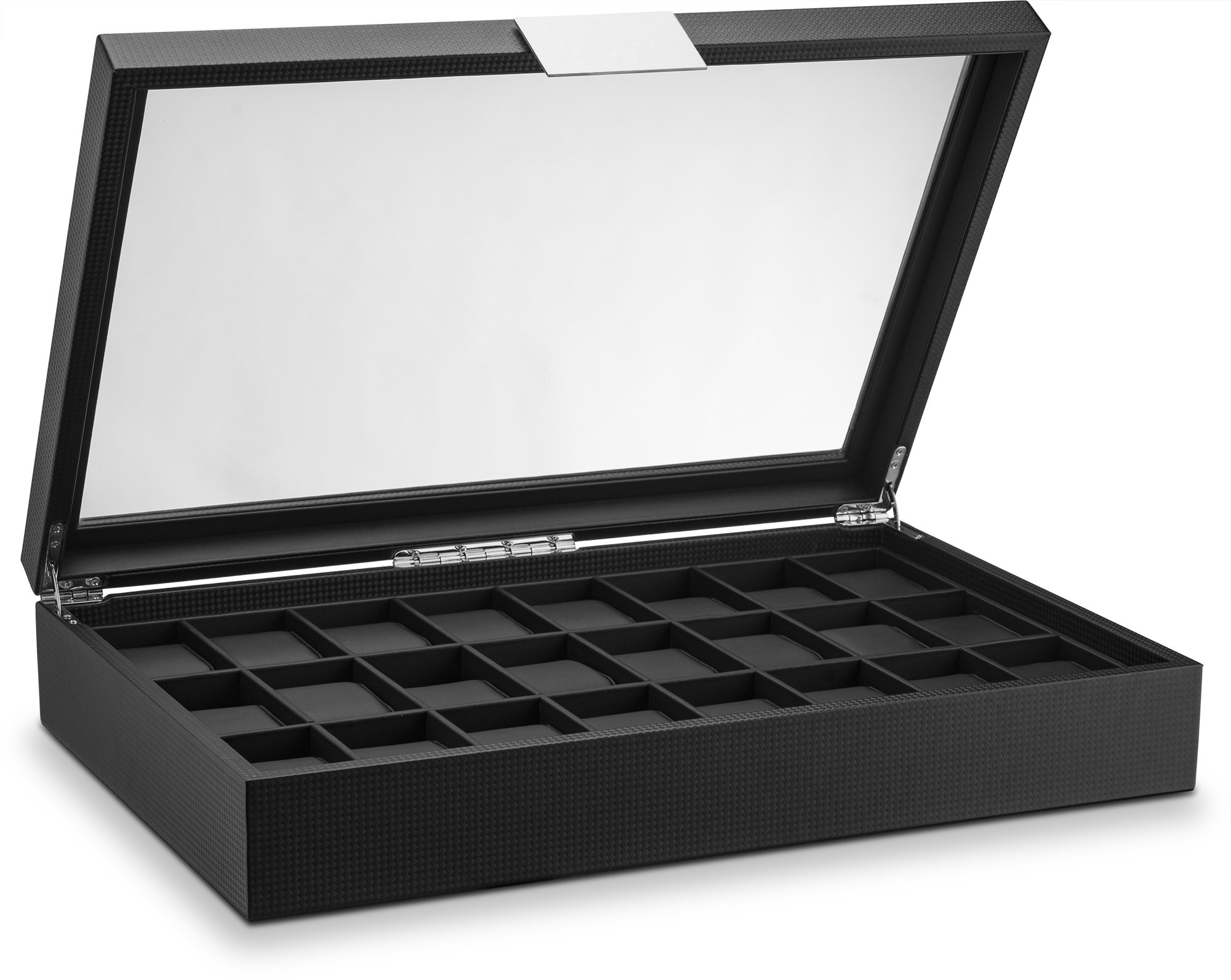 Premium 24-Slot Luxury Watch Box for Men - Carbon Fiber Design Watch Case Organizer with Glass Top & Metal Buckle - Perfect for Jewelry Watch Storage & Display - Ideal for Home, Office, and Travel Use