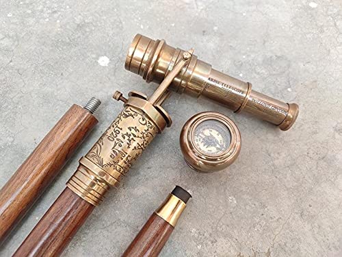 Antique 1920 Dollond London Victorian Telescope Compass Walking Cane - Engraved Spyglass Handle, Steampunk Style, Brown - Perfect for Historical Reenactments, Cosplay & Unique Gifts