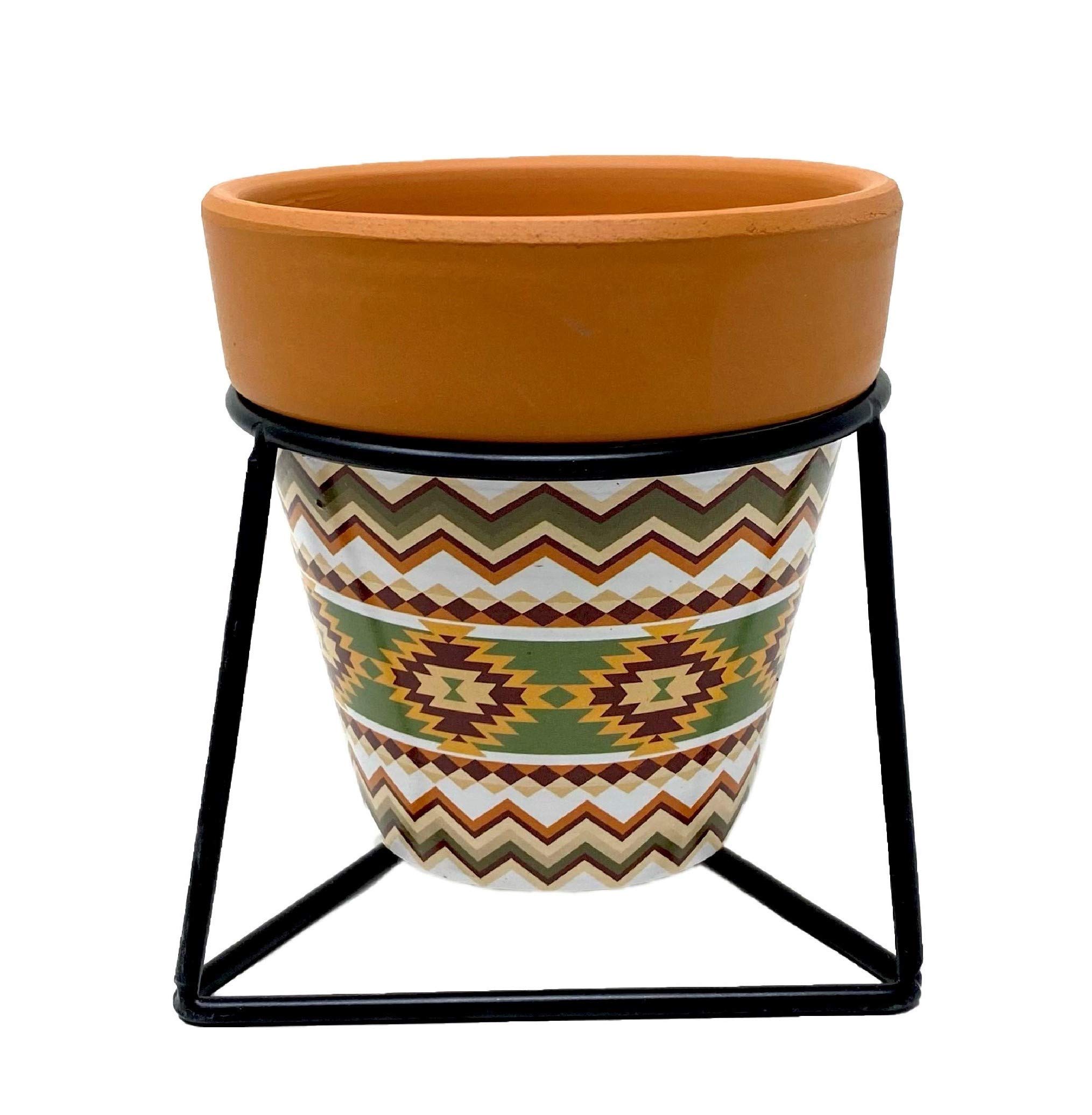 TJ Global Succulent Cactus Planter - Tribal Print Terracotta Pot with Iron Stand | Small Indoor Plant Pot with Drainage Hole | Perfect for Home, Office Desk & Garden Decor | Triangle Base Holder for Stylish Plant Display