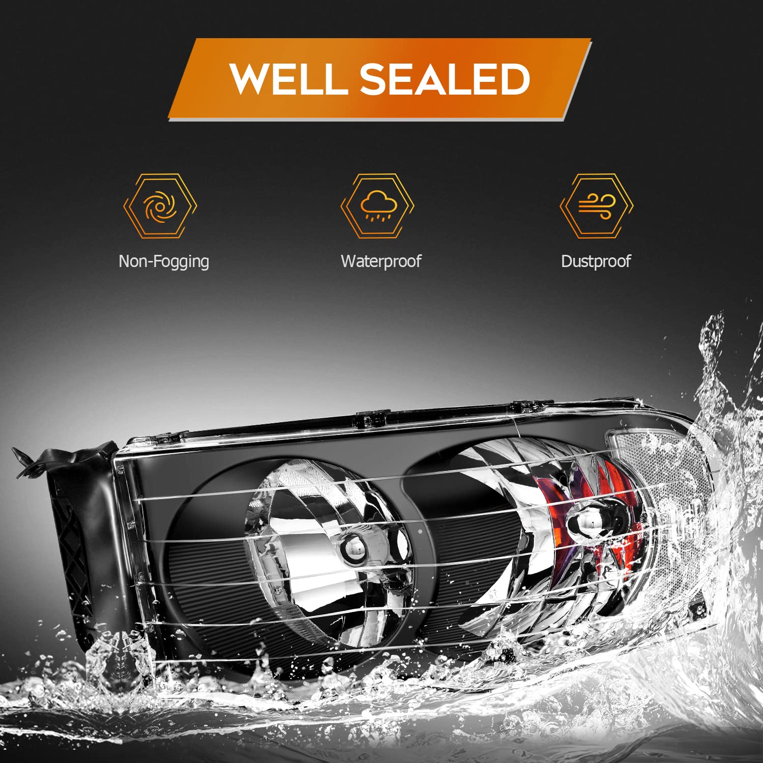 Dodge Ram 1500 2500 3500 Headlight Assembly (2002-2005) - Black Housing, Clear Reflector & Lens - Driver & Passenger Side - Perfect for Night Driving & Off-Road Adventures