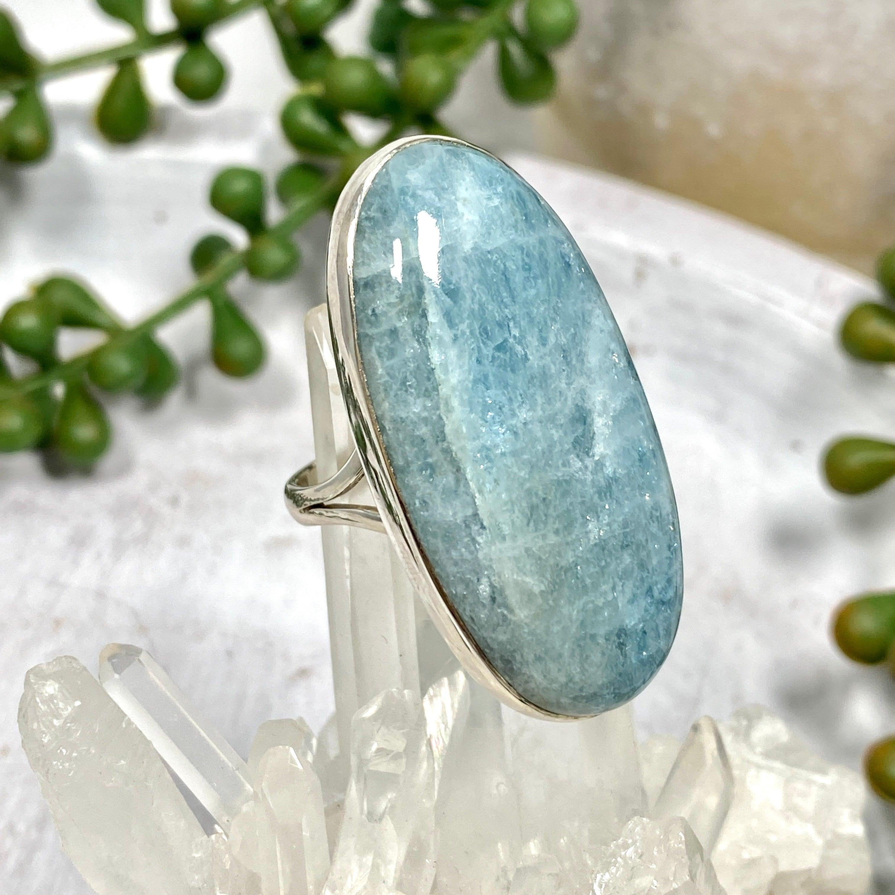 Aquamarine Large Oval Cabochon Ring with Split Band - Size 10 - KPGJ1351 | Elegant Jewelry for Weddings, Parties & Special Occasions