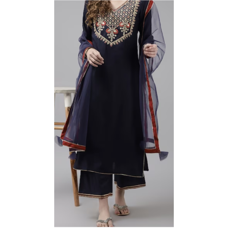 Elegant Navy Blue Embroidered Kurta Set with Yoke, Palazzos & Dupatta - Traditional Indian Outfit for Women - Perfect for Weddings, Festivals & Special Occasions