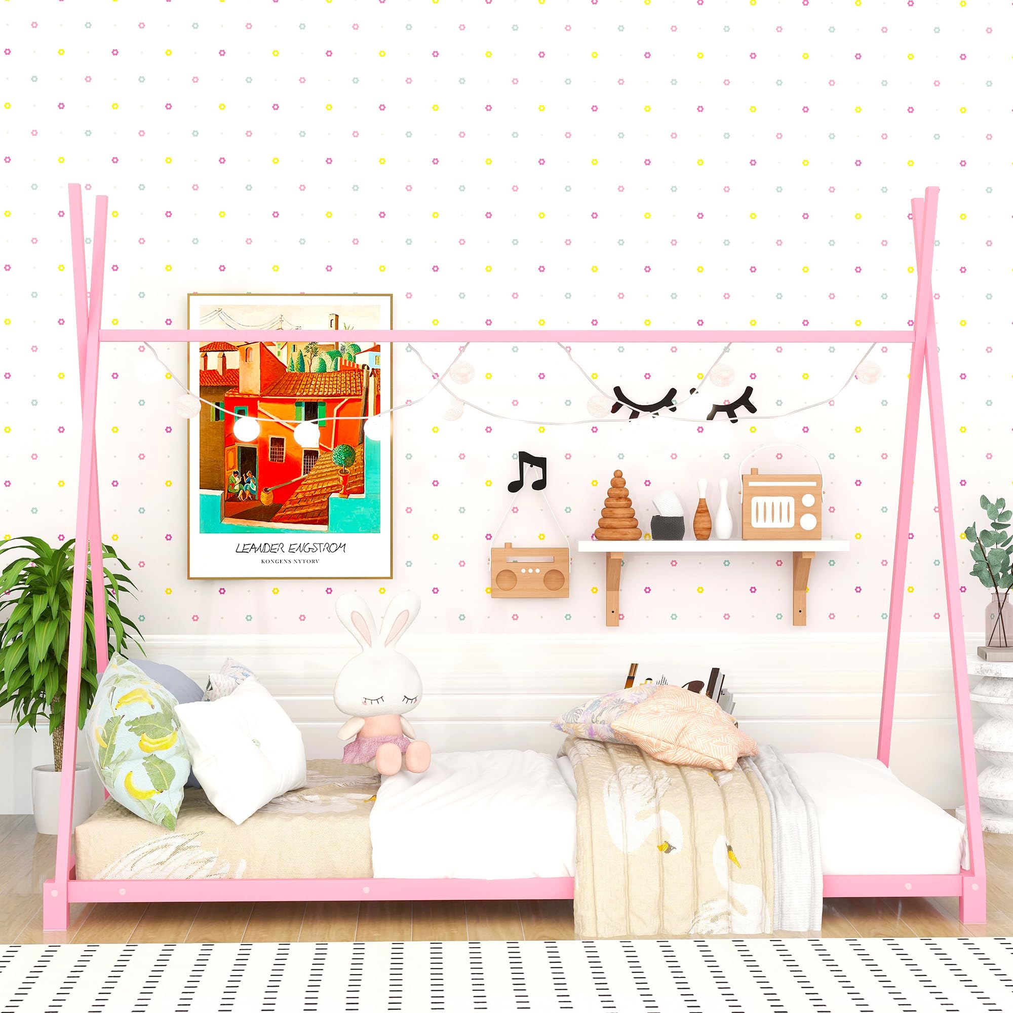 Montessori Twin Floor Bed Frame with Slats & Triangle Structure - Sturdy House Bed for Kids, Boys & Girls - Pink Wooden Toddler Bed for Playroom, Nursery or Kids Bedroom
