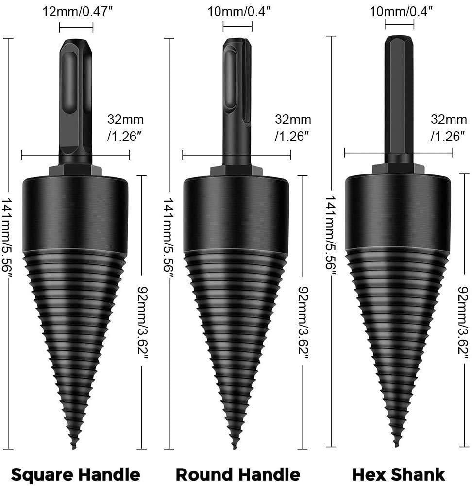 YateSafari 3-Piece Firewood Log Splitter Drill Bit Set - Heavy Duty Hex/Square/Round (32mm/1.26inch) for Electric Drills - Perfect for Camping, Fireplace & Outdoor Wood Splitting