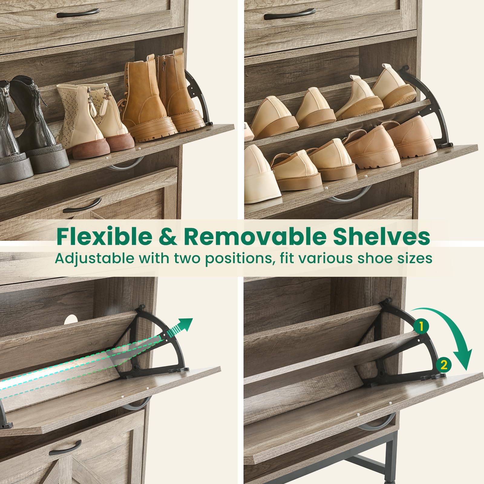 Farmhouse Shoe Cabinet with 4 Flip Drawers & 2 Storage Compartments - Free Standing Entryway Shoe Organizer with Metal Legs in Light Rustic Oak Finish | Perfect for Small Spaces, Mudrooms, and Closet Organization